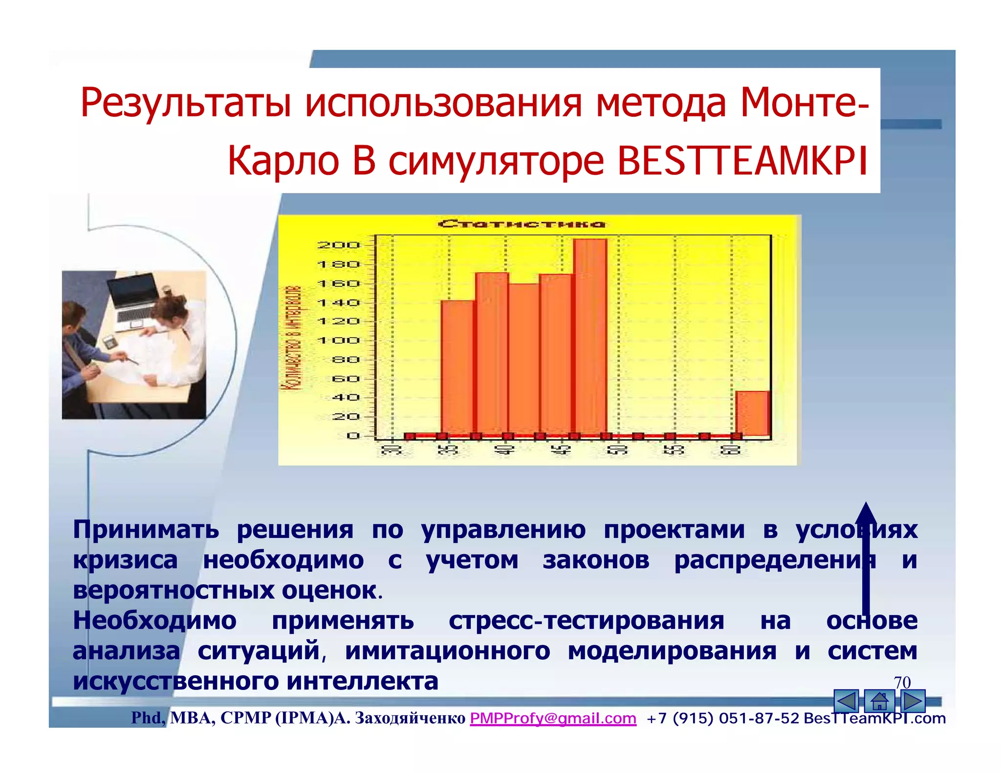 Результаты использования метода Монте-
                                Монте-
       Карло В симуляторе BESTTEAMKPI




Принимать решения по управлению проектами в условиях
кризиса необходимо с учетом законов распределения и
вероятностных оценок.
Необходимо применять стресс-тестирования на основе
анализа ситуаций, имитационного моделирования и систем
искусственного интеллекта                            70
   Phd, MBA, CPMP (IPMA)А. Заходяйченко PMPProfy@gmail.com +7 (915) 051-87-52 BesTTeamKPI.com
 
