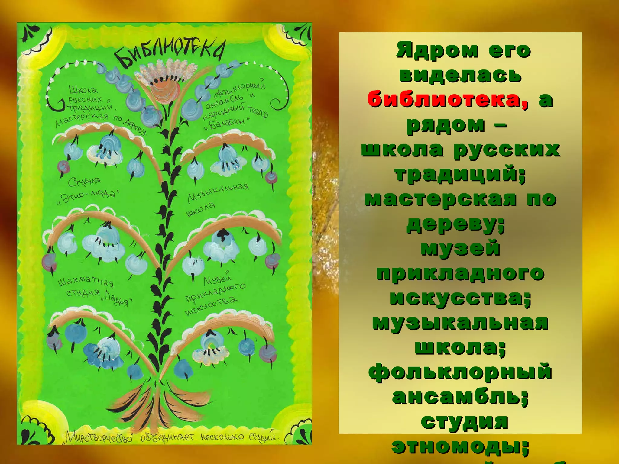Ядром его виделась  библиотека,  а рядом –  школа русских традиций; мастерская по дереву;  музей прикладного искусства; музыкальная школа; фольклорный ансамбль; студия этномоды; шахматный клуб. 
