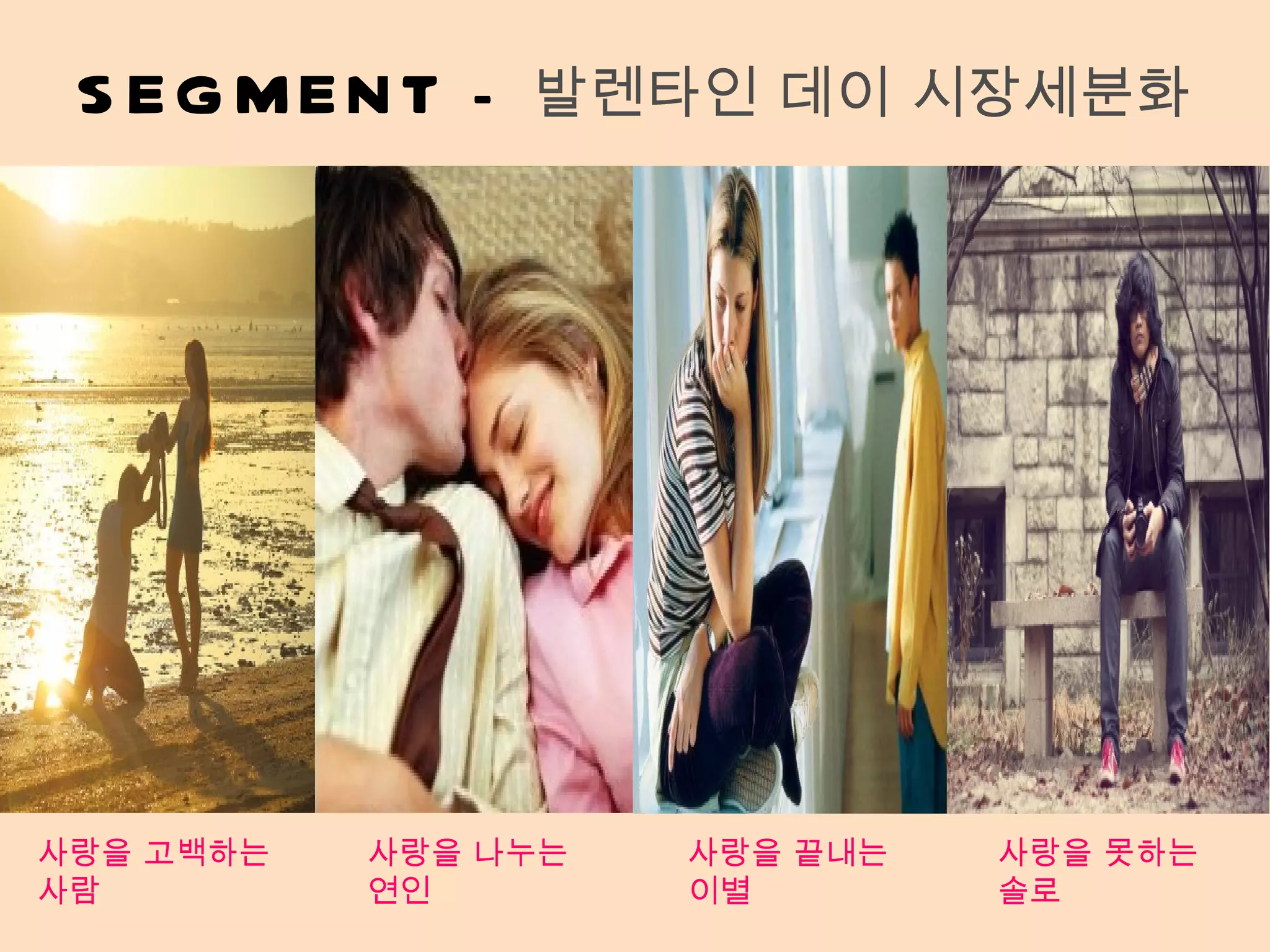 SEGMENT  –  발렌타인 데이 시장세분화 사랑을 고백하는 사람 사랑을 나누는 연인 사랑을 끝내는 이별 사랑을 못하는 솔로 