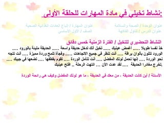 نشاط تخيلي في مادة المهارات للحلقة الأولى  : عنوان الوحدة  /  الصحة والسلامة  عنوان المهارة  /  إتباع العادات الغذائية الصحية عنوان الدرس  /  تناول الفاكهة  الصف  /  الأول الأساسي   النشاط التحضيري للتخيل  /  الفترة الزمنية خمس دقائق   خذ نفسا طويلا … ..  أغمض عينيك … ..  تخيل أنك تدخل حديقة واسعة … ..  الحديقة مليئة بالورود … .  الورود تتلون بألوان براقة … .  أنت تنظر في جميع الاتجاهات … ..  وفجأة تلمح وردة مميزة … .  أنت تتجه نحو الوردة … .  إنها تحمل لونك المفضل … .  أنت تتأمل الوردة … .  تقوم بقطفها … .  تضعها في جيبك … .  تخرج مغادرا الحديقة  … .  لقد عدت الآن … انتهت الرحلة  ..  افتح عينيك  . الأسئلة  /  أين كانت الحديقة ، من معك في الحديقة ، ما هو لونك المفضل وكيف هي رائحة الوردة   