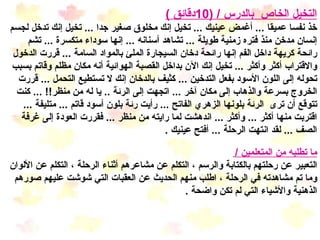 التخيل الخاص  بالدرس  / (10 دقائق  ) خذ نفسا عميقا  ...  أغمض عينيك  ...  تخيل إنك مخلوق صغير جدا  ...  تخيل إنك تدخل لجسم إنسان مدخن منذ فتره زمنية طويلة  ...  تشاهد أسنانه  ...  إنها سوداء متكسرة  ...  تشم رائحة كريهة داخل الفم إنها رائحة دخان السيجارة الملئ بالمواد السامة  ...  قررت الدخول والاقتراب أكثر وأكثر  ...  تخيل إنك الآن بداخل القصبة الهوائية أنه مكان مظلم وقاتم بسبب تحوله إلى اللون الأسود بفعل التدخين  ...  كثيف بالدخان إنك لا تستطيع التحمل  ...  قررت الخروج بسرعة والذهاب إلى مكان آخر  ...  اتجهت إلى الرئة  ..  يا له من منظر !! ...  كنت تتوقع أن ترى  الرئة بلونها الزهري الفاتح  ...  رأيت رئة بلون أسود قاتم  ...  متليفة  ...  اقتربت منها أكثر  ...  وأكثر  ...  اندهشت لما رايته من منظر  ...  فقررت العودة إلى غرفة الصف  ...  لقد انتهت الرحلة  ...  أفتح عينيك  .   ما تطلبه من المتعلمين  /   التعبير عن رحلتهم بالكتابة والرسم ، التكلم عن مشاعرهم أثناء الرحلة ، التكلم عن الألوان وما تم مشاهدته في الرحلة ، اطلب منهم الحديث عن العقبات التي شوشت عليهم صورهم الذهنية والأشياء التي لم تكن واضحة  . 