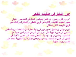 دور التخيل في عمليات التفكير : *  يرى والكر وولسون   إن الناس  يعايشون التخيل في ثلاث صور :  الأولى بصورة عفوية تلقائية، والثانية عن طريق التحفيز والاستثارة، والثالثة عن طريق التوجيه الذاتي الداخلي   *  يرى دينس   أن التخيل له دور كبير في بداية عملية حل المشكلات، ويبدأ التفكير فالتحول إلى صورة لغوية أكثر تجريدا في المراحل النهائية من عملية حل المشكلات، والناس ليسوا سواسية، فالبعض يعتمد على الصور الذهنية في التفكير في حلول للمشكلات، بينما يتبع البعض الآخر طريقة تفكيرية تعتمد على الإستراتيجيات اللغوية   