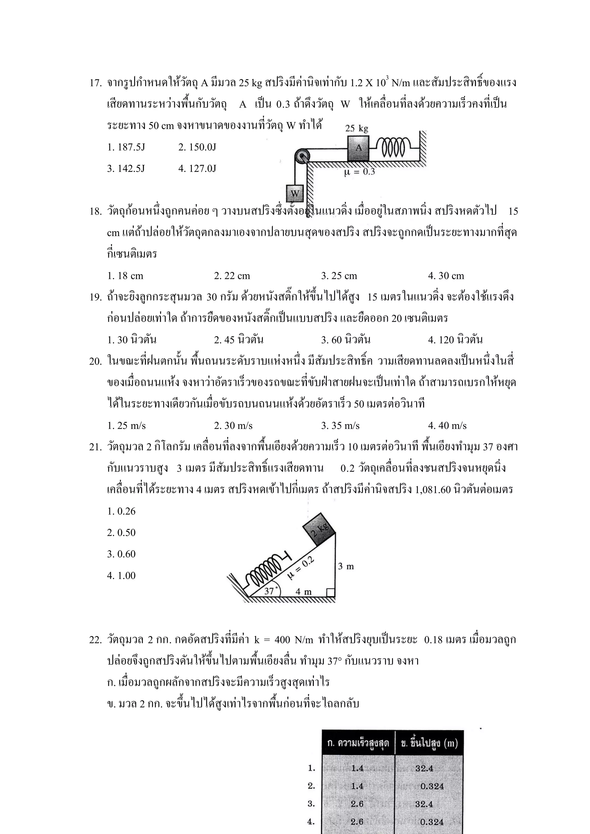 17. จากรู ปกาหนดให้วตถุ A มีมวล 25 kg สปริ งมีค่านิจเท่ากับ 1.2 X 103 N/m และสัมประสิทธิ์ของแรง
                     ั
    เสียดทานระหว่างพื้นกับวัตถุ A เป็ น 0.3 ถ้าดึงวัตถุ W ให้เคลื่อนที่ลงด้วยความเร็วคงที่เป็ น
    ระยะทาง 50 cm จงหาขนาดของงานที่วตถุ W ทาได้
                                       ั
    1. 187.5J      2. 150.0J
    3. 142.5J      4. 127.0J

          ้                                         ่                 ่
18. วัตถุกอนหนึ่งถูกคนค่อย ๆ วางบนสปริ งซึ่งตั้งอยูในแนวดิ่ง เมื่ออยูในสภาพนิ่ง สปริ งหดตัวไป 15
    cm แต่ถาปล่อยให้วตถุตกลงมาเองจากปลายบนสุดของสปริ ง สปริ งจะถูกกดเป็ นระยะทางมากที่สุด
             ้         ั
    กี่เซนติเมตร
    1. 18 cm                  2. 22 cm                  3. 25 cm                 4. 30 cm
19. ถ้าจะยิงลูกกระสุนมวล 30 กรัม ด้วยหนังสติ๊กให้ข้ ึนไปได้สูง 15 เมตรในแนวดิ่ง จะต้องใช้แรงดึง
    ก่อนปล่อยเท่าใด ถ้าการยืดของหนังสติ๊กเป็ นแบบสปริ ง และยืดออก 20 เซนติเมตร
    1. 30 นิวตัน              2. 45 นิวตัน              3. 60 นิวตัน             4. 120 นิวตัน
20. ในขณะที่ฝนตกนั้น พื้นถนนระดับราบแห่งหนึ่ง มีสมประสิทธิ์ค วามเสียดทานลดลงเป็ นหนึ่งในสี่
                                                        ั
    ของเมื่อถนนแห้ง จงหาว่าอัตราเร็วของรถขณะที่ขบฝ่ าสายฝนจะเป็ นเท่าใด ถ้าสามารถเบรกให้หยุด
                                                      ั
    ได้ในระยะทางเดียวกันเมื่อขับรถบนถนนแห้งด้วยอัตราเร็ว 50 เมตรต่อวินาที
    1. 25 m/s                 2. 30 m/s                 3. 35 m/s                4. 40 m/s
21. วัตถุมวล 2 กิโลกรัม เคลื่อนที่ลงจากพื้นเอียงด้วยความเร็ว 10 เมตรต่อวินาที พื้นเอียงทามุม 37 องศา
    กับแนวราบสูง 3 เมตร มีสมประสิทธิ์แรงเสียดทาน 0.2 วัตถุเคลื่อนที่ลงชนสปริ งจนหยุดนิ่ง
                                ั
    เคลื่อนที่ได้ระยะทาง 4 เมตร สปริ งหดเข้าไปกี่เมตร ถ้าสปริ งมีค่านิจสปริ ง 1,081.60 นิวตันต่อเมตร
    1. 0.26
    2. 0.50
    3. 0.60
    4. 1.00



22. วัตถุมวล 2 กก. กดอัดสปริ งที่มีค่า k = 400 N/m ทาให้สปริ งยุบเป็ นระยะ 0.18 เมตร เมื่อมวลถูก
    ปล่อยจึงถูกสปริ งดันให้ข้ ึนไปตามพื้นเอียงลื่น ทามุม 37° กับแนวราบ จงหา
    ก. เมื่อมวลถูกผลักจากสปริ งจะมีความเร็วสูงสุดเท่าไร
    ข. มวล 2 กก. จะขึ้นไปได้สูงเท่าไรจากพื้นก่อนที่จะไถลกลับ
 