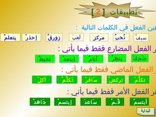 تطبيقات  [  2  ]  عين الفعل في الكلمات التالية  :  سيفٌ نُحبُ لَعبَ   زورقٌ اِحذرْ  يتعلمُ   مركزٍ   انقر الفعل المضارع فقط فيما يأتي  :  ضَحِكَ تخيطُ   اِبتعدْ   أنامُ  ينظرُ  انقر الفعل الماضي فقط فيما يأتي  :  انقر الفعل الأمر فقط فيما يأتي  :  تكلَّمَ   أكلَ   تَكلَّمْ  سَافرَ   تركضُ جَاهدْ  اِبتسمْ   سَاعدَ  قُـمْ   أبتسمُ   البداية 
