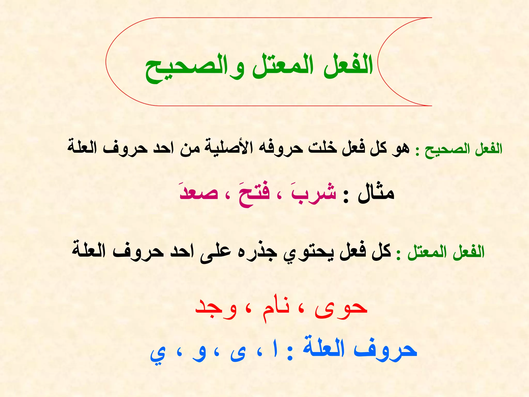 الفعل المعتل والصحيح   الفعل الصحيح  :   هو كل فعل خلت حروفه الأصلية من احد حروف العلة  مثال  :  شربَ ، فتحَ ، صعدَ  الفعل المعتل  :   كل فعل يحتوي جذره على احد حروف العلة   حوى ، نام ، وجد   حروف العلة  :  ا ، ى ، و ، ي 