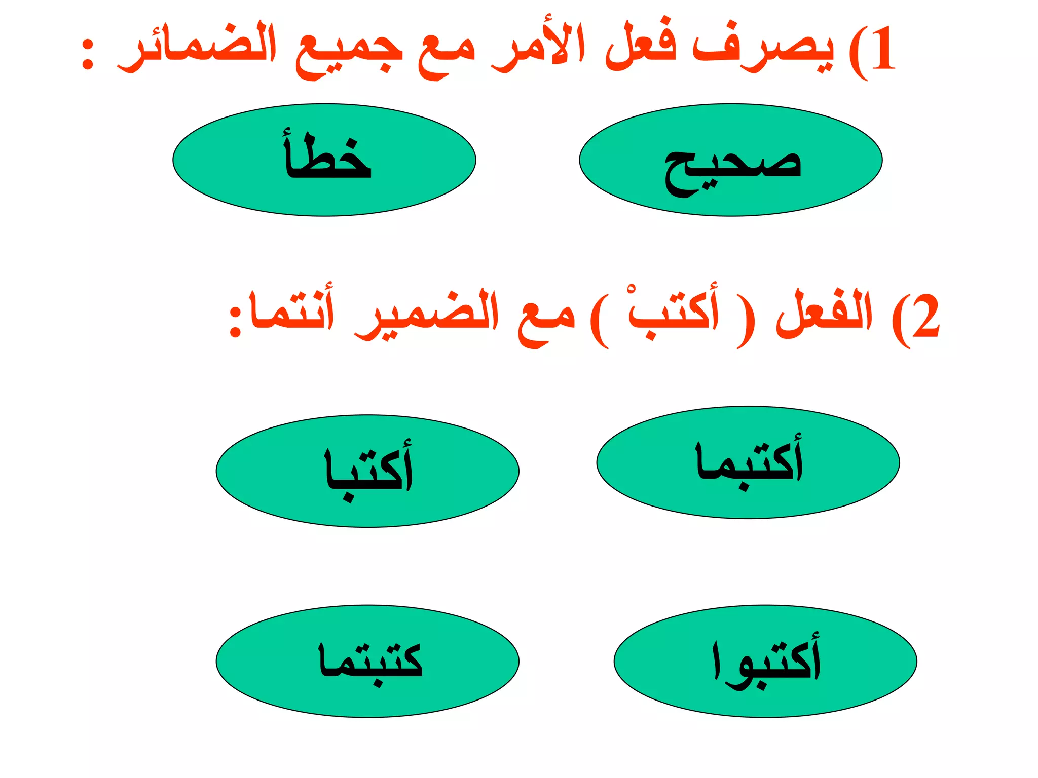 1)  يصرف فعل الأمر مع جميع الضمائر  : صحيح خطأ 2)  الفعل  (  أكتبْ  )  مع الضمير أنتما : كتبتما أكتبوا أكتبما أكتبا 