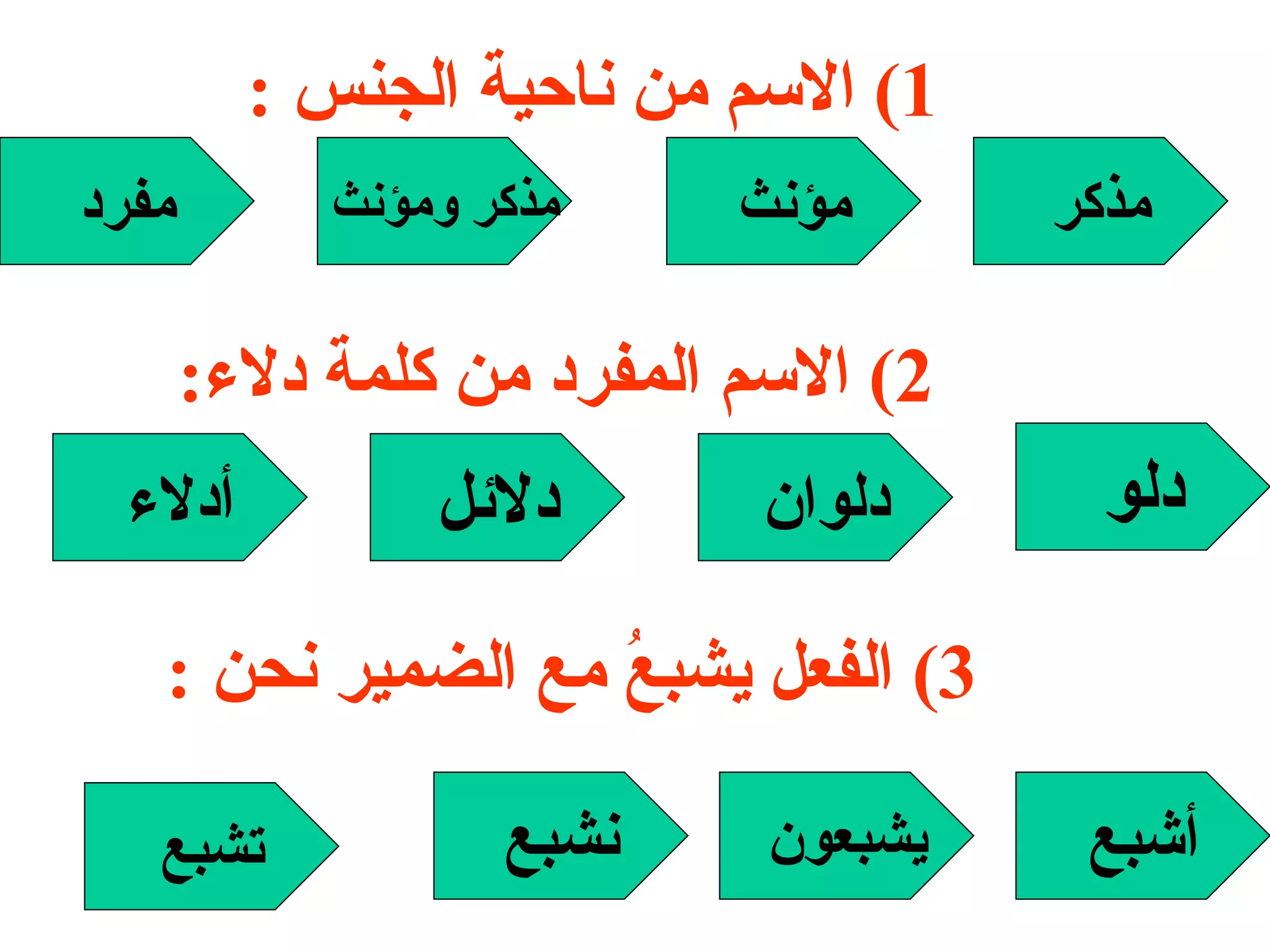 1)  الاسم من ناحية الجنس  : مفرد مذكر ومؤنث مؤنث مذكر 2)  الاسم المفرد من كلمة دلاء : أدلاء دلائل دلوان دلو 3)  الفعل يشبعُ مع الضمير نحن  : تشبع نشبع يشبعون أشبع 