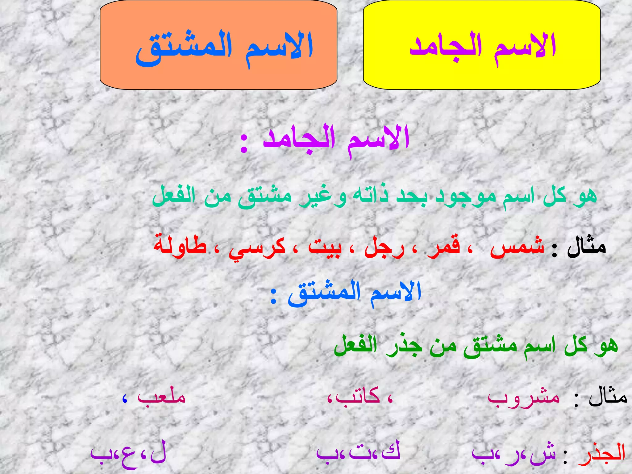 الاسم الجامد الاسم المشتق   الاسم الجامد  : هو كل اسم موجود بحد ذاته وغير مشتق من الفعل   مثال  :  شمس  ، قمر ، رجل ، بيت ، كرسي ، طاولة   الاسم المشتق  : هو كل اسم مشتق من جذر الفعل  مثال  :   مشروب  ، كاتب،  ملعب  ، الجذر   :  ش،ر،ب  ك،ت،ب  ل،ع،ب 