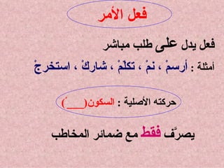 فعل الأمر   فعل يدل  على  طلب مباشر  أمثلة  :  أرسمْ ، نمْ ، تكلّمْ ، شاركْ ، استخرجْ   حركته الأصلية  :  السكون (___ ْ ) يصرَّف  فقط  مع ضمائر المخاطب  