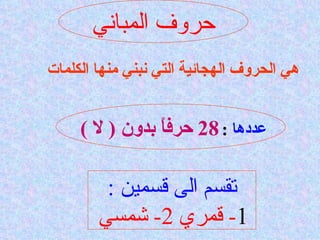 حروف المباني هي الحروف الهجائية التي نبني منها الكلمات  عددها   :   28  حرفاً بدون  (  لا  )  تقسم الى قسمين  : 1 -  قمري  2-  شمسي   