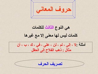 حروف المعاني   هي النوع  الثالث  للكلمات  كلمات ليس لها معنى إلا مع غيرها   أمثلة  : لا ، إلى ، لم ، لن ، على ، في ، ك ، ب ، أن  مثال  :  ذهب الفلاح إلى الحقلِ  تصريف الحرف  