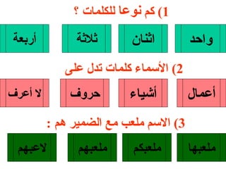 1)  كم  نوعا  للكلمات ؟ واحد اثنان ثلاثة أربعة 2)  الأسماء كلمات تدل على  أعمال أشياء حروف لا أعرف 3)  الاسم ملعب مع الضمير هم  : ملعبها ملعبكم ملعبهم لاعبهم 