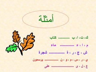 أمثلة   ك، ت، ا، ب  --------  كتاب م ، ا ، ء  ----------  ماء   ش ، ج ، ر ، ة  -----------  شجرة   ي ، ر ، س ، م ، و ، ن  -----------  يرسمون  ع ، ل ، ى  ------------------  على   
