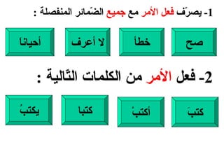 1-  يصرّف  فعل الأمر  مع  جميع  الضّمائر المنفصلة  : صح خطأ لا أعرف أحياناَ 2-  فعل  الأمر  من الكلمات التّالية  : كتبَ أكتبْ كتبا يكتبُ 