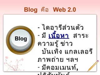 Blog คือ Web 2.0
BlogBlog
-- ไดอำรีส่วนตัวไดอำรีส่วนตัว
- มีมี เนื้อหำเนื้อหำ สำระสำระ
ควำมรู้ ข่ำวควำมรู้ ข่ำว
บันเทิง แกลเลอรีบันเทิง แกลเลอรี
ภำพถ่ำย ฯลฯภำพถ่ำย ฯลฯ
- มีคอมเมนท์มีคอมเมนท์,,
 