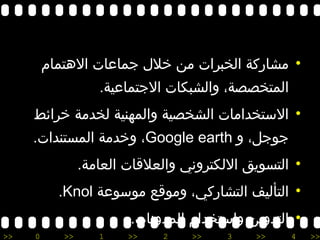 مشاركة الخبرات من خلال جماعات الاهتمام المتخصصة، والشبكات الاجتماعية . الاستخدامات الشخصية والمهنية لخدمة خرائط جوجل، و  Google earth ، وخدمة المستندات . التسويق الالكتروني والعلاقات العامة . التأليف التشاركي، وموقع موسوعة  Knol . التدوين واستخدام المدونات . ،  