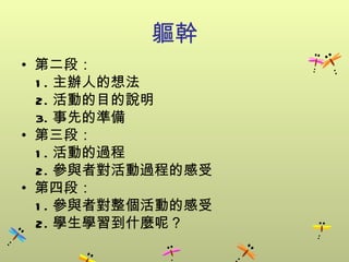 軀幹 第二段： 1. 主辦人的想法 2. 活動的目的說明 3. 事先的準備 第三段： 1. 活動的過程 2. 參與者對活動過程的感受 第四段： 1. 參與者對整個活動的感受 2. 學生學習到什麼呢？ 
