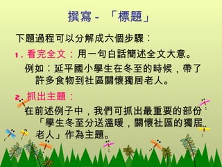 撰寫 -  「標題」 下題過程可以分解成六個步驟︰ 1. 看完全文 ： 用一句白話簡述全文大意。 例如︰延平國小學生在冬至的時候 ，帶了許多食物到社區關懷獨居老人。 2. 抓出主題 ： 在前述例子中，我們可抓出最重要的部份「學生冬至分送溫暖，關懷社區的獨居老人」作為主題。 