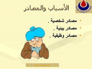 الأسباب والمصادر مصادر شخصية  . مصادر بيئية  . مصادر وظيفية  . www.hayaa.org 