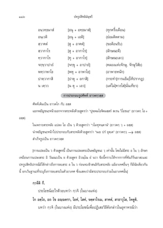 116                                       ª∑√Ÿª ‘∑∏‘¡—≠™√’

              Õπ⁄«∑⁄∏¡“ Ì            [Õπÿ + Õ∑⁄∏¡“ Ì]              (∑ÿ°§√÷Ëß‡¥◊Õπ)
              Õπ⁄‡«µ‘                [Õπÿ + ‡Õµ‘]                  (¬àÕ¡µ‘¥µ“¡)
               ⁄«“§µÌ                [ ÿ + Õ“§µÌ]                  (¢ÕµâÕπ√—∫)
               ⁄«“°“‚√               [ ÿ + Õ“°“‚√]                 (≈—°…≥–¥’)
              ∑⁄«“°“‚√               [∑ÿ + Õ“°“‚√]                 (≈—°…≥–‡≈«)
              ®°⁄¢⁄«“ª“∂Ì            [®°⁄¢ÿ + Õ“ª“∂Ì]              (§≈Õß·Ààß®—°…ÿ, ®—°…ÿ«‘ —¬)
              æÀ⁄«“æ“‚∏              [æÀÿ + Õ“æ“‚∏]                (Õ“æ“∏Àπ—°)
              ª“µ⁄«“°“ ‘             [ª“µÿ + Õ°“ ‘]                (°√–∑”[°“√·¬â¡]„Àâª√“°Ø)
              π ‡µ⁄««                [π µÿ + ‡Õ«]                  (·µà‰¡à[§«√„ à]π—Ëπ‡∑’¬«)
                                  °“√ª√–°Õ∫√Ÿª»—æ∑å ¬“«µ°⁄« ⁄ 
          »—æ∑å‡¥‘¡‡ªìπ ¬“«µ‚° °—∫ Õ ⁄ 
          ·¬°æ¬—≠™π–Àπâ“ÕÕ°®“° √–À≈—ß¥â«¬ Ÿµ√«à“ çªÿææ¡‚∏ü‘µ¡ ⁄ √Ì  ‡√π «‘‚¬™‡¬é (¬“«µ°⁄ ‚Õ +
                                                     ⁄
Õ ⁄ )
          „π‡æ√“– √–À≈—ß ·ª≈ß ‚Õ ‡ªìπ «⁄ ¥â«¬ Ÿµ√«à“ ç«‚¡∑ÿ∑π⁄µ“πÌé (¬“«µ°⁄ «⁄ + Õ ⁄ )
          π”æ¬—≠™π–Àπâ“‰ªª√–°Õ∫°—∫ √–À≈—ß¥â«¬ Ÿµ√«à“ çπ‡¬ ª√Ì ¬ÿµ⁄‡µé (¬“«µ°⁄«⁄ → Õ ⁄ )
           ”‡√Á®√Ÿª‡ªìπ ¬“«µ°⁄« ⁄ 

           [°“√·ª≈ß‡ªìπ « ¥â«¬ Ÿµ√π’È ‡ªìπ°“√·ª≈ß √–‡ªìπæ¬—≠™π– «⁄ ‡∑à“π—π ‚¥¬‰¡à¡ √– Õ „π «⁄ Õ—°…√
                                                                         È        ’
‡À¡◊Õπ°“√·ª≈ß √– Õ‘ «—≥≥–‡ªìπ ¬ ¥â«¬ Ÿµ√ Õ‘«≥⁄‚≥ ¬Ì π«“ ¢âÕπ’È∑√“∫‰¥â®“°°“√∑’Ë§—¡¿’√åπ¬“ –·≈–
ª∑√Ÿª ‘∑∏‘ª°√≥å¡‘‰¥â°≈à“«∂÷ß°“√≈∫ √– Õ „π « °àÕπ®–‡¢â“ π∏‘°∫ √–À≈—ß ·¡âÕ“‡∑»Õ◊πÊ °Á¡π¬‡¥’¬«°—π
                                                             —                      Ë   ’—
π’È ¬°‡«âπ∞“π–∑’Ë√–∫ÿ∂÷ß°“√≈∫ √–„πµ—«Õ“‡∑» ´÷Ëß· ¥ß«à“¡’ √–ª√–°Õ∫√à«¡„πÕ“‡∑»π—Èπ]

          °⁄«®’µ‘ °÷.
              ª√–‚¬™πåÕ–‰√¥â«¬∫∑«à“ °⁄«®‘ („π∫“ß·Ààß)
          ‚° Õµ⁄‚∂, Õ∂ ‚¢ Õê⁄êµ√“, ‚¬ÀÌ, ‚ ÀÌ, ®µ⁄µ“‚√‡¡,  “§µÌ,  “∏“«ÿ‚ , ‚ÀµŸµ‘.
              ∫∑«à“ °⁄«®‘ („π∫“ß·Ààß) ¡’ª√–‚¬™πå‡æ◊ËÕªØ‘‡ ∏«‘∏’¥—ß°≈à“«„πÕÿ∑“À√≥å«à“
 