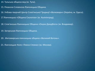 14. Тульська община вед (м. Тула).

15. Рязанска Словянска Язичницька Община.

16. Учбово-творчий Центр Слов'янської Традиції «Волховарн» (Україна, м. Одеса).

17.Язичницька «Община Сколотов» (м. Калінінград).

18. Слов'янська Язичницька Община «Онуки Даждбога» (м. Владимир).

19. Загорськая Язичницька Община.


20. .Житомирська язичницька община «Великий Вогонь».

21. Язичницьке Коло «Темна Стежка» (м. Москва).
 