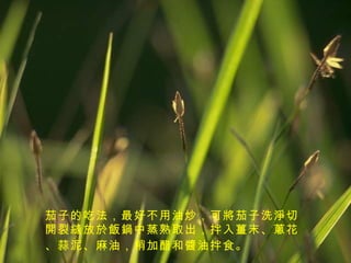 茄子的吃法，最好不用油炒，可將茄子洗淨切開裂縫放於飯鍋中蒸熟取出，拌入薑末、蔥花、蒜泥、麻油，稍加醋和醬油拌食。   