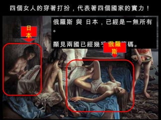 四個女人的穿著打扮，代表著四個國家的實力！ 俄羅斯 與 日本，已經是一無所有。 顯見兩國已經幾乎沒有籌碼。 日本 俄羅斯 