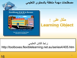 رابط الكائن التعليمي  : http://toolboxes.flexiblelearning.net.au/series4/405.htm مصطلحات مهمة متعلقة بالمحتوى التعليمي 