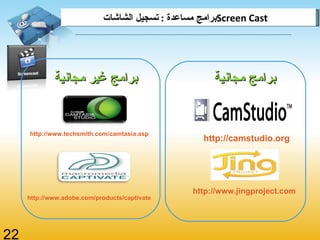 برامج مساعدة  :   تسجيل الشاشات  Screen Cast  http://www.techsmith.com/camtasia.asp http://www.adobe.com/products/captivate برامج غير مجانية http://www.jingproject.com http://camstudio.org برامج مجانية 