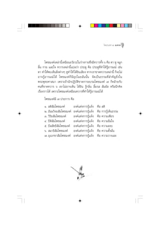 ‚æ™¨ß§å ˜ 133




       ‚æ™¨ß§å‡À≈à“π’È‡À¡◊ÕπÕ«—¬«–„π√à“ß°“¬´÷Ëß¡’∑«“√∑—Èß ˆ §◊Õ µ“ ÀŸ ®¡Ÿ°
≈‘Èπ °“¬ ·≈–„® ∑«“√‡À≈à“π’È·ª≈«à“ ª√–µŸ §◊Õ ª√–µŸ∑Ë∑”„Àâ√ŸâÕ“√¡≥å ‡™àπ
                                                     ’
µ“ ∑”„Àâæ∫‡ÀÁπ ‘Ëßµà“ßÊ ÀŸ∑”„Àâ ‰¥â¬‘π‡ ’¬ß À“°‡√“¢“¥∑«“√‡À≈à“π’È °Á®–‰¡à
Õ“®√Ÿâ Õ “√¡≥å ‰¥â ‚æ™¨ß§å°Á¡’Õÿª‰¡¬©—ππ—Èπ ®—¥‡ªìπ∏√√¡∑’Ë ”§—≠¬‘Ëß„π
æ√–æÿ∑∏»“ π“ ‡æ√“–∂â“π—°ªØ‘∫—µ‘¢“¥°“√Õ∫√¡‚æ™¨ß§å ˜ °Á§≈â“¬°—∫
§π∑’Ë¢“¥∑«“√ ˆ ‡¢“‰¡àÕ“®‡ÀÁπ ‰¥â¬‘π √Ÿâ°≈‘Ëπ ≈‘È¡√   —¡º—  À√◊Õπ÷°§‘¥
‡√◊ËÕß√“«‰¥â ‡æ√“–‚æ™¨ß§å‡À¡◊Õπ∑«“√∑’Ë∑”„Àâ√ŸâÕ“√¡≥å ‰¥â
     ‚æ™¨ß§å¡’ ˜ ª√–°“√ §◊Õ
     Ò.  µ‘ ¡‚æ™¨ß§å
             —                 Õß§å·Ààß°“√√Ÿâ·®âß   §◊Õ  µ‘
     Ú. ∏—¡¡«‘®¬ —¡‚æ™¨ß§å     Õß§å·Ààß°“√√Ÿâ·®âß   §◊Õ °“√√Ÿâ‡ÀÁπ∏√√¡
     Û. «‘√‘¬ —¡‚æ™¨ß§å        Õß§å·Ààß°“√√Ÿâ·®âß   §◊Õ §«“¡‡æ’¬√
     Ù. ªïµ‘ —¡‚æ™¨ß§å         Õß§å·Ààß°“√√Ÿâ·®âß   §◊Õ §«“¡Õ‘Ë¡„®
     ı. ªí  —∑∏‘ —¡‚æ™¨ß§å     Õß§å·Ààß°“√√Ÿâ·®âß   §◊Õ §«“¡ ß∫
     ˆ.  ¡“∏‘ —¡‚æ™¨ß§å        Õß§å·Ààß°“√√Ÿâ·®âß   §◊Õ §«“¡µ—Èß¡—Ëπ
     ˜. Õÿ‡∫°¢“ —¡‚æ™¨ß§å      Õß§å·Ààß°“√√Ÿâ·®âß   §◊Õ §«“¡«“ß‡©¬
 