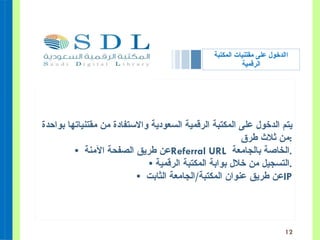 االدخول على مقتنيات المكتبة الرقمية يتم الدخول على المكتبة الرقمية السعودية والاستفادة من مقتنياتها بواحدة من ثلاث طرق  : •  عن طريق الصفحة الآمنة  Referral URL  الخاصة بالجامعة  . •  التسجيل من خلال بوابة المكتبة الرقمية . •  عن طريق عنوان المكتبة / الجامعة الثابت  IP 