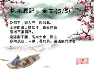 桃花源記 - 全文 (5/5) 及郡下，詣太守，說如此。 太守即遣人隨其往，尋向所誌， 遂迷不復得路。 南陽劉子驥，高尚士也，聞之， 欣然規往，未果，尋病終。後遂無問津者。 桃花源記 白話文 