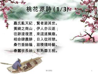 桃花源詩 (1/3) 嬴氏亂天紀，賢者避其世。 黃綺之商山，伊人亦云逝； 往跡浸復湮，來逕遂蕪廢。 相命肆農耕，日入從所憩。 桑竹垂餘蔭，菽稷隨時藝。 春蠶收長絲，秋熟靡王稅 。 桃花源記 