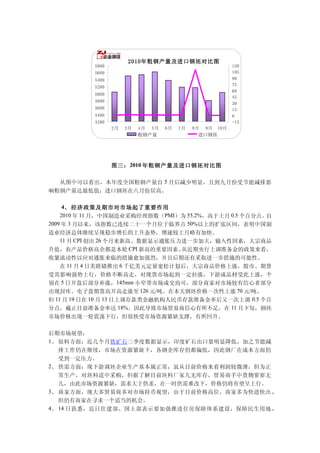 2010年粗钢产量及进口钢坯对比图
           5800                                                 120
           5600                                                 105
           5400                                                 90
                                                                75
           5200
                                                                60
           5000
                                                                45
           4800
                                                                30
           4600                                                 15
           4400                                                 0
           4200                                                 -15
                  2月   3月   4月   5月   6月   7月   8月   9月   10月
                            粗钢产量                 进口钢坯




                  图三： 2010 年粗钢产量及进口钢坯对比图

  从图中可以看出，本年度全国粗钢产量自 5 月后减少明显，且到九月份受节能减排影
响粗钢产量达最低值；进口钢坯在八月份居高。

     4、 经济政策及期市对市场起了重要作用
    2010 年 11 月，中国制造业采购经理指数（PMI）为 55.2%，高于上月 0.5 个百分点。自
2009 年 3 月以来，该指数已连续二十一个月位于临界点 50%以上的扩张区间，表明中国制
造业经济总体继续呈现稳步增长的上升态势，增速较上月略有加快。
    11 月 CPI 创出 26 个月来新高。数据显示通胀压力进一步加大，输入性因素，大宗商品
升值，农产品价格高企都是本轮 CPI 新高的重要因素。       从近期央行上调准备金的政策来看，
收紧流动性以应对通胀来临的措施愈加强烈，并且后期还有采取进一步措施的可能性。
    在 11 月 4 日美联储推出 6 千亿美元定量宽松计划后，大宗商品价格上涨，股市、期货
受其影响强势上行，价格不断高走，对现货市场起到一定拉涨，下游成品材受此上涨，个
别在 5 日开盘后部分补涨，145mm 小窄带市场成交尚可，部分商家对市场较有信心者部分
出现封库。电子盘期货高开高走涨至 126 元/吨。在本天钢坯价格一次性上涨 70 元/吨。
但 11 月 19 日在 10 月 13 日上调存款类金融机构人民币存款准备金率后又一次上调 0.5 个百
分点，截止目前准备金率达 18%。因此导致市场贸易商信心有所不足，在 11 月下旬，钢坯
市场价格出现一轮震荡下行，但很快受市场资源紧缺支撑，有所回升。

后期市场展望：
1、 原料方面：近几个月铁矿石三季度数据显示，印度矿石出口量明显降低，加之节能减
   排工作仍在继续，市场在资源紧缺下，各钢企库存仍都偏低，因此钢厂在成本方面仍
   受到一定压力。
2、 供需方面：现下游调坯企业生产基本属正常，虽从目前价格来看利润较微薄，但为正
   常生产，对坯料适中采购，但据了解目前坯料厂家几无库存，贸易商手中货物寥寥无
   几，由此市场资源紧缺，需求大于供求，在一时供需难改下，价格仍将有望呈上行。
3、 商家方面，现大多贸易商多对市场持币观望，由于目前价格高位，商家多为快进快出 ，
   但仍有商家在寻求一个适当的机会。
4、 14 日获悉，近日住建部、国土部表示要加强推进住房保障体系建设，保障民生用地 ，
 