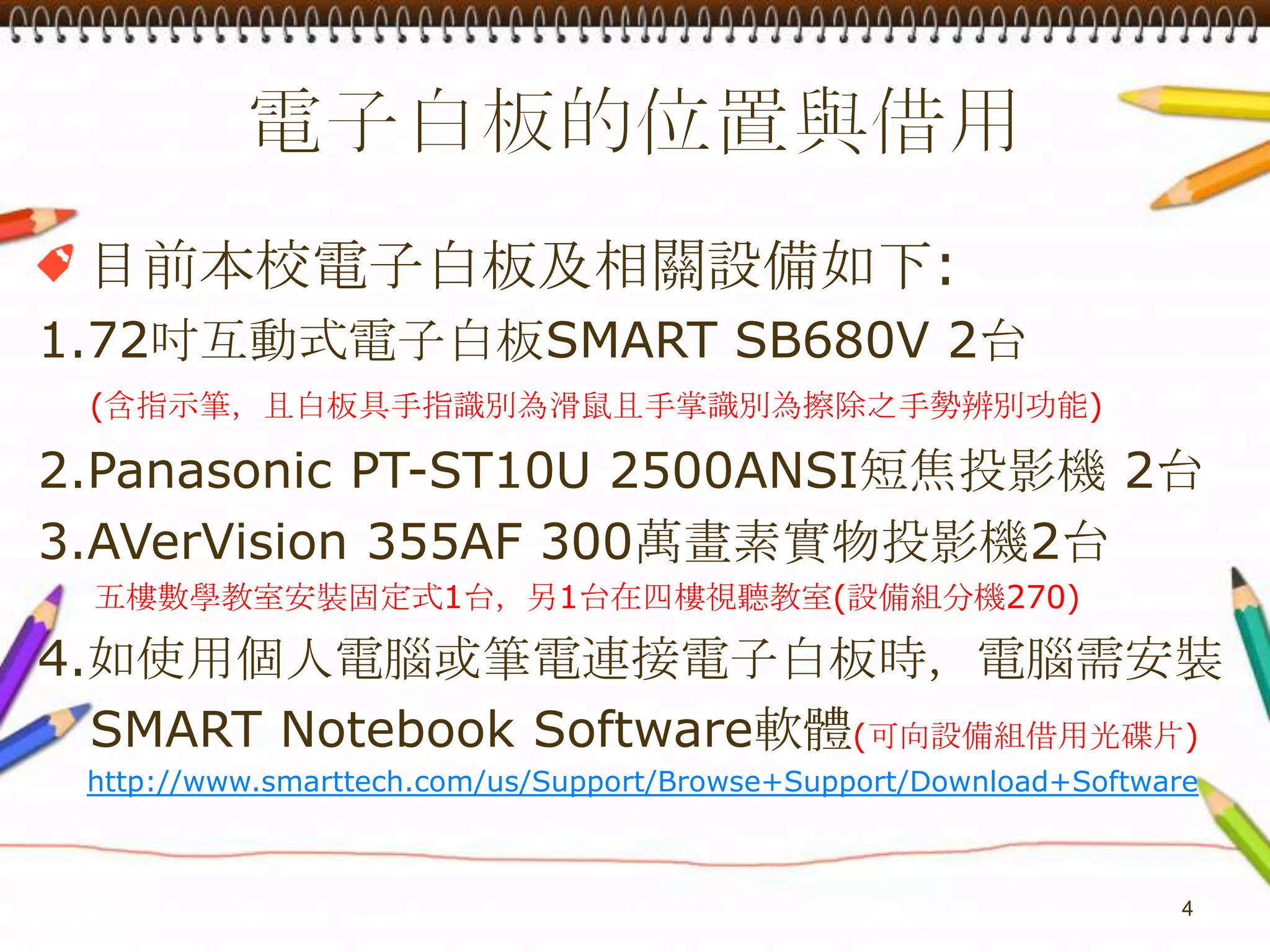 電子白板的位置與借用4目前本校電子白板及相關設備如下:1.72吋互動式電子白板SMART SB680V 2台(含指示筆，且白板具手指識別為滑鼠且手掌識別為擦除之手勢辨別功能)2.Panasonic PT-ST10U 2500ANSI短焦投影機 2台3.AVerVision 355AF 300萬畫素實物投影機2台     五樓數學教室安裝固定式1台，另1台在四樓視聽教室(設備組分機270)4.如使用個人電腦或筆電連接電子白板時，電腦需安裝 SMART Notebook Software軟體(可向設備組借用光碟片)http://www.smarttech.com/us/Support/Browse+Support/Download+Software