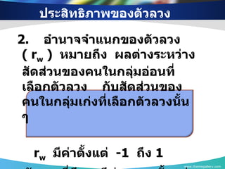 2.  อำนาจจำแนกของตัวลวง  (  r w   )  หมายถึง  ผลต่างระหว่างสัดส่วนของคนในกลุ่มอ่อนที่เลือกตัวลวง  กับสัดส่วนของคนในกลุ่มเก่งที่เลือกตัวลวงนั้น ๆ  r w   มีค่าตั้งแต่  - 1  ถึง  1   ตัวลวงที่ดีควรมีค่า  r w  ตั้งแต่  0.05  ขึ้นไป ประสิทธิภาพของตัวลวง  www.themegallery.com 