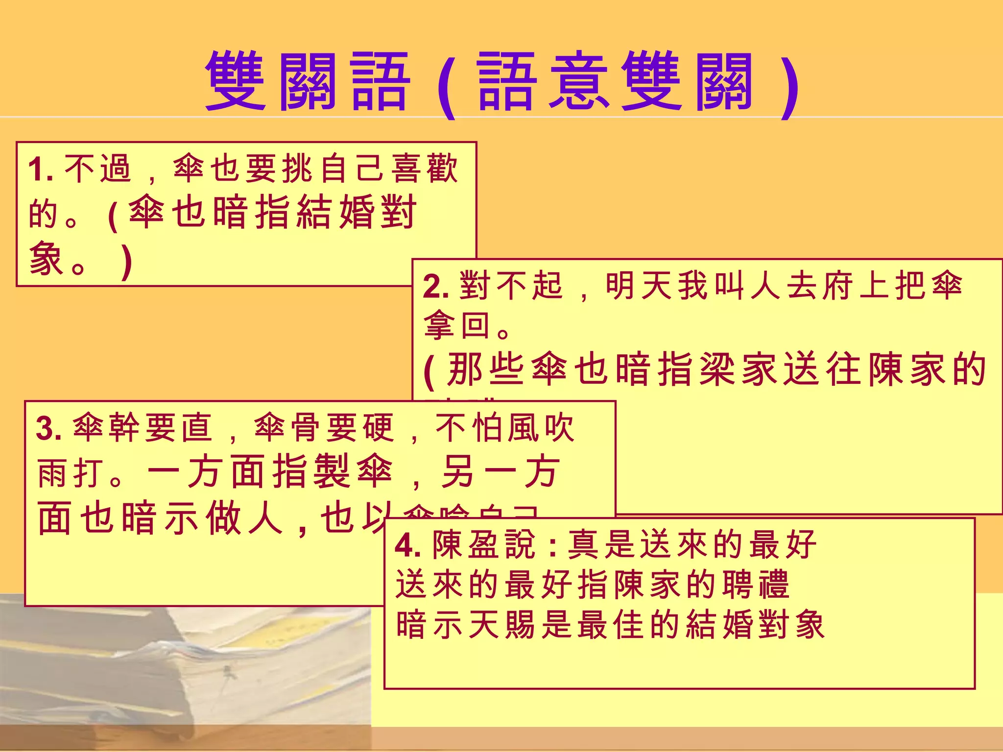 雙關語 ( 語意雙關 ) 1. 不過，傘也要挑自己喜歡的。 ( 傘也暗指結婚對象。 ) 2. 對不起，明天我叫人去府上把傘拿回。 ( 那些傘也暗指梁家送往陳家的聘禮。 ) 3. 傘幹要直，傘骨要硬，不怕風吹雨打。 一方面指製傘，另一方面也暗示做人 , 也以 傘喻自己 . 4. 陳盈說 : 真是送來的最好 送來的最好指陳家的聘禮 暗示天賜是最佳的結婚對象 