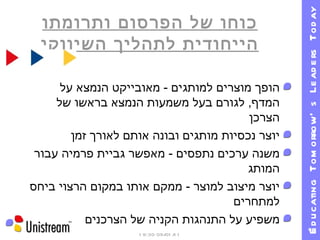 כוחו של הפרסום ותרומתו הייחודית לתהליך השיווקי 09/01/11   19:30 הופך מוצרים למותגים  -  מאובייקט הנמצא על המדף ,  לגורם בעל משמעות הנמצא בראשו של הצרכן יוצר נכסיות מותגים ובונה אותם לאורך זמן משנה ערכים נתפסים  -  מאפשר גביית פרמיה עבור המותג יוצר מיצוב למוצר  -  ממקם אותו במקום הרצוי ביחס למתחרים משפיע על התנהגות הקניה של הצרכנים 