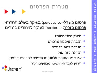 מטרות הפרסום 09/01/11   19:30 ברמת מותגים קיימים  פרסום משדל -  persuasive :  בעיקר בשלב תחרותי . פרסום מזכיר :  reminder :  בעיקר למוצרים בוגרים חיזוק נכסי המותג הגברת נאמנות צרכנים הגברת רמת מכירות הגדלת נתח שוק שינוי או הוספת אלמנטים חדשים לתדמית קיימת  יידוע לגבי חידושים ,  מבצעים ועוד 