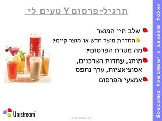 תרגיל -  פרסום  Y   טעים לי  שלב חיי המוצר החדרת מוצר חדש או מוצר קיים ? מה מטרת הפרסום ? מותג ,  עמדות הצרכנים ,  אסוציאציות ,  ערך נתפס אמצעי הפרסום 09/01/11   19:30 