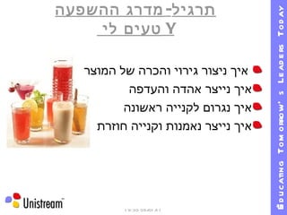 תרגיל -  מדרג ההשפעה Y   טעים לי  איך ניצור גירוי והכרה של המוצר איך נייצר אהדה והעדפה איך נגרום לקנייה ראשונה איך נייצר נאמנות וקנייה חוזרת 09/01/11   19:30 