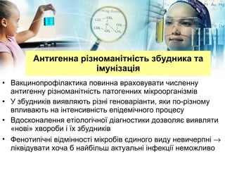 Антигенна різноманітність збудника та імунізація Вакцинопрофілактика повинна враховувати численну антигенну різноманітність патогенних мікроорганізмів У збудників виявляють різні геноваріанти, яки по-різному впливають на інтенсивність епідемічного процесу  Вдосконалення етіологічної діагностики дозволяє виявляти «нові» хвороби і їх збудників  Фенотипічні відмінності мікробів єдиного виду невичерпні    ліквідувати хоча б найбільш актуальні інфекції неможливо 