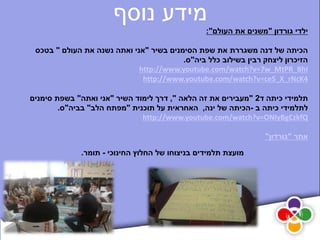 ‫מידע נוסף‬
                                                ‫ילדי גורדון "משנים את העולם":‬

 ‫הכיתה של דנה משגררת את שפת הסימנים בשיר "אני ואתה נשנה את העולם " בטכס‬
                                         ‫הזיכרון ליצחק רבין בשילוב כלל ביה"ס.‬
                             ‫‪http://www.youtube.com/watch?v=7w_MtPR_BhI‬‬
                              ‫4‪http://www.youtube.com/watch?v=ce5_X_rNcK‬‬

‫תלמידי כיתה ד2 "מעבירים את זה הלאה ", דרך לימוד השיר "אני ואתה" בשפת סימנים‬
        ‫לתלמידי כיתה ב -הכיתה של ינה, האחראית על תוכנית "מפתח הלב" בביה"ס.‬
                              ‫‪http://www.youtube.com/watch?v=ONIyBgCzkfQ‬‬

                                                                 ‫אתר "גורדון"‬

             ‫מועצת תלמידים בניצוחו של החלוץ החינוכי - תומר.‬
 