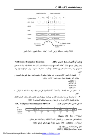 ‫ﺑﺮﻣﺠﺔ ﻣﺘﺤﻜﻤﺎت ‪ AVR‬ﺑﻠﻐﺔ ‪C‬‬




                          ‫ﺍﻟﺸﻜل )84( : ﻤﺨﻁﻁ ﺘﺯﺍﻤﻥ ﺍﻟﻤﺒﺩل ‪ ، ADC‬ﻨﻤﻁ ﺍﻟﺘﺤﻭﻴل ﺍﻟﻌﻤل ﺍﻟﺤﺭ‬



             ‫‪ADC Noise Canceller Function‬‬                             ‫ﻭﻅﻴﻔﺔ ﺭﺍﻓﺽ ﻀﺠﻴﺞ ﺍﻟﻤﺒﺩل ‪ADC‬‬
             ‫ﻴﺘﻤﻴﺯ ﺭﺍﻓﺽ ﻀﺠﻴﺞ ﺍﻟﻤﺒﺩل ‪ ADC‬ﺒﺄﻨﻪ ﻴﺴﻤﺢ ﺒﺈﺠﺭﺍﺀ ﻋﻤﻠﻴﺔ ﺍﻟﺘﺤﻭﻴل ﺃﺜﻨﺎﺀ ﻨﻤﻁ ﺍﻟﺒﻁﺎﻟﺔ ‪ idle‬ﻟﻴﻘﻠل ﺍﻟـﻀﺠﻴﺞ‬
             ‫ﺍﻟﻨﺎﺘﺞ ﻋﻥ ﻨﻭﺍﺓ ﻭﺤﺩﺓ ﺍﻟﻤﻌﺎﻟﺠﺔ ﺍﻟﻤﺭﻜﺯﻴﺔ ‪ . CPU‬ﻓﺈﺫﺍ ﺃﺭﺩﻨﺎ ﺍﺴﺘﺨﺩﺍﻡ ﻫﺫﻩ ﺍﻟﻤﻤﻴﺯﺓ ، ﻓﻴﺠﺏ ﻋﻠﻴﻨﺎ ﺇﺘﺒﺎﻉ ﺍﻹﺠـﺭﺍﺀ‬
                                                                                                           ‫ﺍﻟﺘﺎﻟﻲ :‬
             ‫ﻟﻀﻤﺎﻥ ﺃﻥ ﺍﻟﻤﺒﺩل ‪ ADC‬ﻤﺅﻫل ﻭ ﻏﻴﺭ ﻤﺸﻐﻭل ﺒﺎﻟﺘﺤﻭﻴل ، ﻓﻴﺠﺏ ﺍﺨﺘﻴﺎﺭ ﻨﻤﻁ ﺍﻟﺘﺤﻭﻴـل ﺍﻟﻤﻔـﺭﺩ ،‬              ‫١.‬
                                                  ‫ﻭﻜﺫﻟﻙ ﺘﺄﻫﻴل ﻤﻘﺎﻁﻌﺔ ﺍﻜﺘﻤﺎل ﺘﺤﻭﻴل ﺍﻟﻤﺒﺩل ‪ . ADC‬ﻭﺫﻟﻙ :‬
                                                                                         ‫1=‪ADEN‬‬
                                                                                         ‫0=‪ADSC‬‬
                                                                                         ‫0=‪ADFR‬‬
                                                                                          ‫1=‪ADIE‬‬
             ‫٢. ﺍﻟﺩﺨﻭل ﻓﻲ ﻨﻤﻁ ﺍﻟﺒﻁﺎﻟﺔ . ﻴﺒﺩﺃ ﺍﻟﻤﺒﺩل ‪ ADC‬ﺒﺎﻟﺘﺤﻭﻴل ﻓﻲ ﺤﻴﻥ ﺘﺘﻭﻗﻑ ﻭﺤـﺩﺓ ﺍﻟﻤﻌﺎﻟﺠـﺔ ﺍﻟﻤﺭﻜﺯﻴـﺔ‬
                                                                                                      ‫‪. CPU‬‬
             ‫ﺇﺫﺍ ﻟﻡ ﺘﺤﺩﺙ ﺃ ٍ ﻤﻥ ﺍﻟﻤﻘﺎﻁﻌﺎﺕ ﺍﻷﺨﺭﻯ ﻗﺒل ﺇﺘﻤﺎﻡ ﺘﺤﻭﻴل ﺍﻟﻤﺒﺩل ‪ ، ADC‬ﻓﺈﻥ ﻤﻘﺎﻁﻌﺔ ﺍﻟﻤﺒﺩل ‪ADC‬‬
                                                                                   ‫ﻱ‬                         ‫٣.‬
                               ‫ﺴﺘﻭﻗﻅ ﺍﻟﻤﺘﺤﻜﻡ ‪ MCU‬ﻤﻥ ﻨﻭﻤﻪ ﻜﻲ ﻴﻨﻔﺫ ﺭﻭﺘﻴﻥ ﺨﺩﻤﺔ ﻤﻘﺎﻁﻌﺔ ﺇﺘﻤﺎﻡ ﺘﺤﻭﻴل ‪. ADC‬‬
             ‫‪ADC Multiplexer Select Register-ADMUX‬‬                           ‫ﻤﺴﺠل ﺍﺨﺘﻴﺎﺭ ﻨﺎﺨﺏ ﺍﻟﻤﺒﺩل ‪ADC‬‬




                                                                              ‫ﺍﻟﺨﺎﻨﺔ 7 – ‪ : Res‬ﺨﺎﻨﺔ ﻤﺤﺠﻭﺯﺓ‬
                                 ‫ﻫﺫﻩ ﺍﻟﺨﺎﻨﺔ ﻫﻲ ﺨﺎﻨﺔ ﻤﺤﺠﻭﺯﺓ ﻓﻲ ﺍﻟﻤﺘﺤﻜﻡ ‪ ATMEGA8L‬ﻭ ﺘﻘﺭﺃ ﺩﺍﺌﻤﹰ ﺼﻔﺭ ﻤﻨﻁﻘﻲ .‬
                                             ‫ﺎ‬
                                        ‫ﺍﻟﺨﺎﻨﺔ 6 – ‪ : ADCBG‬ﺨﺎﻨﺔ ﺍﺨﺘﻴﺎﺭ ﺤﺯﻤﺔ ﺠﻬﺩ ﻟﺩﺨل ﺍﻟﻤﺒﺩل ‪ADC‬‬

                                                                              ‫اﻟﻔﺎرس ﻟﺘﻘﻨﯿﺎت اﻟﺤﺎﺳﻮب واﻹﺗﺼﺎﻻت‬
                                                                            ‫ﺳﻮرﯾﺎ – ﺣﻤﺎه- ھـ-916922 33 369+‬

‫‪PDF created with pdfFactory Pro trial version www.pdffactory.com‬‬
 