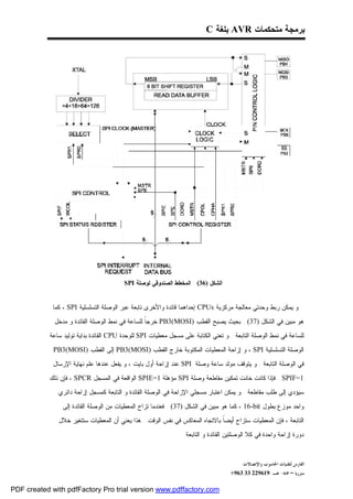 ‫ﺒﺭﻤﺠﺔ ﻤﺘﺤﻜﻤﺎﺕ ‪ AVR‬ﺒﻠﻐﺔ ‪C‬‬




                                        ‫ﺍﻟﺸﻜل )63( : ﺍﻟﻤﺨﻁﻁ ﺍﻟﺼﻨﺩﻭﻗﻲ ﻟﻭﺼﻠﺔ ‪SPI‬‬


            ‫ﻭ ﻴﻤﻜﻥ ﺭﺒﻁ ﻭﺤﺩﺘﻲ ﻤﻌﺎﻟﺠﺔ ﻤﺭﻜﺯﻴﺔ ‪ CPUs‬ﺇﺤﺩﺍﻫﻤﺎ ﻗﺎﺌﺩﺓ ﻭﺍﻷﺨﺭﻯ ﺘﺎﺒﻌﺔ ﻋﺒﺭ ﺍﻟﻭﺼﻠﺔ ﺍﻟﺘﺴﻠﺴﻠﻴﺔ ‪ ، SPI‬ﻜﻤﺎ‬

             ‫ﻫﻭ ﻤﺒﻴﻥ ﻓﻲ ﺍﻟﺸﻜل )73( . ﺒﺤﻴﺙ ﻴﺼﺒﺢ ﺍﻟﻘﻁﺏ )‪ PB3(MOSI‬ﺨﺭﺠﹰ ﻟﻠﺴﺎﻋﺔ ﻓﻲ ﻨﻤﻁ ﺍﻟﻭﺼﻠﺔ ﺍﻟﻘﺎﺌﺩﺓ ﻭ ﻤﺩﺨل‬
                                                 ‫ﺎ‬
           ‫ﻟﻠﺴﺎﻋﺔ ﻓﻲ ﻨﻤﻁ ﺍﻟﻭﺼﻠﺔ ﺍﻟﺘﺎﺒﻌﺔ . ﻭ ﺘﻌﻨﻲ ﺍﻟﻜﺘﺎﺒﺔ ﻋﻠﻰ ﻤﺴﺠل ﻤﻌﻁﻴﺎﺕ ‪ SPI‬ﻟﻠﻭﺤﺩﺓ ‪ CPU‬ﺍﻟﻘﺎﺌﺩﺓ ﺒﺩﺍﻴﺔ ﺘﻭﻟﻴﺩ ﺴﺎﻋﺔ‬

             ‫ﺍﻟﻭﺼﻠﺔ ﺍﻟﺘﺴﻠﺴﻠﻴﺔ ‪ ، SPI‬ﻭ ﺇﺯﺍﺤﺔ ﺍﻟﻤﻌﻁﻴﺎﺕ ﺍﻟﻤﻜﺘﻭﺒﺔ ﺨﺎﺭﺝ ﺍﻟﻘﻁﺏ )‪ PB3(MOSI‬ﺇﻟﻰ ﺍﻟﻘﻁﺏ )‪PB3(MOSI‬‬
             ‫ﻓﻲ ﺍﻟﻭﺼﻠﺔ ﺍﻟﺘﺎﺒﻌﺔ . ﻭ ﻴﺘﻭﻗﻑ ﻤﻭﻟﺩ ﺴﺎﻋﺔ ﻭﺼﻠﺔ ‪ SPI‬ﻋﻨﺩ ﺇﺯﺍﺤﺔ ﺃﻭل ﺒﺎﻴﺕ ، ﻭ ﻴﻔﻌل ﻋﻨﺩﻫﺎ ﻋﻠﻡ ﻨﻬﺎﻴﺔ ﺍﻹﺭﺴﺎل‬

           ‫1=‪ . SPIF‬ﻓﺈﺫﺍ ﻜﺎﻨﺕ ﺨﺎﻨﺕ ﺘﻤﻜﻴﻥ ﻤﻘﺎﻁﻌﺔ ﻭﺼﻠﺔ ‪ SPI‬ﻤﺅﻫﻠﺔ 1=‪ SPIE‬ﺍﻟﻭﺍﻗﻌﺔ ﻓﻲ ﺍﻟﻤﺴﺠل ‪ ، SPCR‬ﻓﺈﻥ ﺫﻟﻙ‬
              ‫ﺴﻴﺅﺩﻱ ﺇﻟﻰ ﻁﻠﺏ ﻤﻘﺎﻁﻌﺔ . ﻭ ﻴﻤﻜﻥ ﺍﻋﺘﺒﺎﺭ ﻤﺴﺠﻠﻲ ﺍﻹﺯﺍﺤﺔ ﻓﻲ ﺍﻟﻭﺼﻠﺔ ﺍﻟﻘﺎﺌﺩﺓ ﻭ ﺍﻟﺘﺎﺒﻌﺔ ﻜﻤﺴﺠل ﺇﺯﺍﺤﺔ ﺩﺍﺌﺭﻱ‬

                ‫ﻭﺍﺤﺩ ﻤﻭﺯﻉ ﺒﻁﻭل ‪ ، 16-bit‬ﻜﻤﺎ ﻫﻭ ﻤﺒﻴﻥ ﻓﻲ ﺍﻟﺸﻜل )73( . ﻓﻌﻨﺩﻤﺎ ﺘﺯﺍﺡ ﺍﻟﻤﻌﻁﻴﺎﺕ ﻤﻥ ﺍﻟﻭﺼﻠﺔ ﺍﻟﻘﺎﺌﺩﺓ ﺇﻟﻰ‬
               ‫ﺍﻟﺘﺎﺒﻌﺔ ، ﻓﺈﻥ ﺍﻟﻤﻌﻁﻴﺎﺕ ﺴﺘﺯﺍﺡ ﺃﻴﻀﹰ ﺒﺎﻻﺘﺠﺎﻩ ﺍﻟﻤﻌﺎﻜﺱ ﻓﻲ ﻨﻔﺱ ﺍﻟﻭﻗﺕ . ﻫﺫﺍ ﻴﻌﻨﻲ ﺃﻥ ﺍﻟﻤﻌﻁﻴﺎﺕ ﺴﺘﺘﻐﻴﺭ ﺨﻼل‬
                                                                              ‫ﺎ‬
                                                               ‫ﺩﻭﺭﺓ ﺇﺯﺍﺤﺔ ﻭﺍﺤﺩﺓ ﻓﻲ ﻜﻼ ﺍﻟﻭﺼﻠﺘﻴﻥ ﺍﻟﻘﺎﺌﺩﺓ ﻭ ﺍﻟﺘﺎﺒﻌﺔ .‬



                                                                                        ‫ﺍﻟﻔﺎﺭﺱ ﻟﺘﻘﻨﻴﺎﺕ ﺍﳊﺎﺳﻮﺏ ﻭﺍﻹﺗﺼﺎﻻﺕ‬
                                                                                   ‫ﺳﻮﺭﻳﺎ – ﲪﺎﻩ- ﻫـ-916922 33 369+‬

‫‪PDF created with pdfFactory Pro trial version www.pdffactory.com‬‬
 