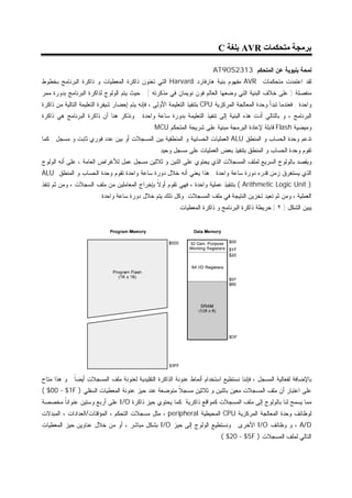 ‫ﺑﺮﻣﺠﺔ ﻣﺘﺤﻜﻤﺎت ‪ AVR‬ﺑﻠﻐﺔ ‪C‬‬

                                                                        ‫ﻟﻤﺤﺔ ﺒﻨﻴﻭﻴﺔ ﻋﻥ ﺍﻟﻤﺘﺤﻜﻡ 3132‪: AT90S‬‬
‫ﻟﻘﺩ ﺍﻋﺘﻤﺩﺕ ﻤﺘﺤﻜﻤﺎﺕ ‪ AVR‬ﻤﻔﻬﻭﻡ ﺒﻨﻴﺔ ﻫﺎﺭﻓﺎﺭﺩ ‪ Harvard‬ﺍﻟﺘﻲ ﺘﻌﻨﻭﻥ ﺫﺍﻜﺭﺓ ﺍﻟﻤﻌﻁﻴﺎﺕ ﻭ ﺫﺍﻜﺭﺓ ﺍﻟﺒﺭﻨﺎﻤﺞ ﺒﺨﻁﻭﻁ‬
‫ﻤﻨﻔﺼﻠﺔ ) ﻋﻠﻰ ﺨﻼﻑ ﺍﻟﺒﻨﻴﺔ ﺍﻟﺘﻲ ﻭﻀﻌﻬﺎ ﺍﻟﻌﺎﻟﻡ ﻓﻭﻥ ﻨﻭﻴﻤﺎﻥ ﻓﻲ ﻤﺫﻜﺭﺘﻪ ( . ﺤﻴﺙ ﻴﺘﻡ ﺍﻟﻭﻟﻭﺝ ﻟﺫﺍﻜﺭﺓ ﺍﻟﺒﺭﻨﺎﻤﺞ ﺒﺩﻭﺭﺓ ﻤﻤﺭ‬
‫ﻭﺍﺤﺩﺓ . ﻓﻌﻨﺩﻤﺎ ﺘﺒﺩﺃ ﻭﺤﺩﺓ ﺍﻟﻤﻌﺎﻟﺠﺔ ﺍﻟﻤﺭﻜﺯﻴﺔ ‪ CPU‬ﺒﺘﻨﻔﻴﺫ ﺍﻟﺘﻌﻠﻴﻤﺔ ﺍﻷﻭﻟﻰ ، ﻓﺈﻨﻪ ﻴﺘﻡ ﺇﺤﻀﺎﺭ ﺸﻴﻔﺭﺓ ﺍﻟﺘﻌﻠﻴﻤﺔ ﺍﻟﺘﺎﻟﻴﺔ ﻤﻥ ﺫﺍﻜﺭﺓ‬
‫ﺍﻟﺒﺭﻨﺎﻤﺞ ، ﻭ ﺒﺎﻟﺘﺎﻟﻲ ﺃﺩﺕ ﻫﺫﻩ ﺍﻟﺒﻨﻴﺔ ﺇﻟﻰ ﺘﻨﻔﻴﺫ ﺍﻟﺘﻌﻠﻴﻤﺔ ﺒﺩﻭﺭﺓ ﺴﺎﻋﺔ ﻭﺍﺤﺩﺓ . ﻭﻨﺫﻜﺭ ﻫﻨﺎ ﺃﻥ ﺫﺍﻜﺭﺓ ﺍﻟﺒﺭﻨﺎﻤﺞ ﻫﻲ ﺫﺍﻜﺭﺓ‬
                                               ‫ﻭﻤﻴﻀﻴﺔ ‪ Flash‬ﻗﺎﺒﻠﺔ ﻹﻋﺎﺩﺓ ﺍﻟﺒﺭﻤﺠﺔ ﻤﺒﻨﻴﺔ ﻋﻠﻰ ﺸﺭﻴﺤﺔ ﺍﻟﻤﺘﺤﻜﻡ ‪. MCU‬‬
‫ﺘﺩﻋﻡ ﻭﺤﺩﺓ ﺍﻟﺤﺴﺎﺏ ﻭ ﺍﻟﻤﻨﻁﻕ ‪ ALU‬ﺍﻟﻌﻤﻠﻴﺎﺕ ﺍﻟﺤﺴﺎﺒﻴﺔ ﻭ ﺍﻟﻤﻨﻁﻘﻴﺔ ﺒﻴﻥ ﺍﻟﻤﺴﺠﻼﺕ ﺃﻭ ﺒﻴﻥ ﻋﺩﺩ ﻓﻭﺭﻱ ﺜﺎﺒﺕ ﻭ ﻤﺴﺠل . ﻜﻤﺎ‬
                                                 ‫ﺘﻘﻭﻡ ﻭﺤﺩﺓ ﺍﻟﺤﺴﺎﺏ ﻭ ﺍﻟﻤﻨﻁﻕ ﺒﺘﻨﻔﻴﺫ ﺒﻌﺽ ﺍﻟﻌﻤﻠﻴﺎﺕ ﻋﻠﻰ ﻤﺴﺠل ﻭﺤﻴﺩ .‬
‫ﻭﻴﻘﺼﺩ ﺒﺎﻟﻭﻟﻭﺝ ﺍﻟﺴﺭﻴﻊ ﻟﻤﻠﻑ ﺍﻟﻤﺴﺠﻼﺕ ﺍﻟﺫﻱ ﻴﺤﺘﻭﻱ ﻋﻠﻰ ﺍﺜﻨﻴﻥ ﻭ ﺜﻼﺜﻴﻥ ﻤﺴﺠل ﻋﻤل ﻟﻸﻏﺭﺍﺽ ﺍﻟﻌﺎﻤﺔ ، ﻋﻠﻰ ﺃﻨﻪ ﺍﻟﻭﻟﻭﺝ‬
‫ﺍﻟﺫﻱ ﻴﺴﺘﻐﺭﻕ ﺯﻤﻥ ﻗﺩﺭﻩ ﺩﻭﺭﺓ ﺴﺎﻋﺔ ﻭﺍﺤﺩﺓ . ﻫﺫﺍ ﻴﻌﻨﻲ ﺃﻨﻪ ﺨﻼل ﺩﻭﺭﺓ ﺴﺎﻋﺔ ﻭﺍﺤﺩﺓ ﺘﻘﻭﻡ ﻭﺤﺩﺓ ﺍﻟﺤﺴﺎﺏ ﻭ ﺍﻟﻤﻨﻁﻕ ‪ALU‬‬
‫) ‪ ( Arithmetic Logic Unit‬ﺒﺘﻨﻔﻴﺫ ﻋﻤﻠﻴﺔ ﻭﺍﺤﺩﺓ ، ﻓﻬﻲ ﺘﻘﻭﻡ ﺃﻭﻻ ﺒﺈﺨﺭﺍﺝ ﺍﻟﻤﻌﺎﻤﻠﻴﻥ ﻤﻥ ﻤﻠﻑ ﺍﻟﺴﺠﻼﺕ ، ﻭﻤﻥ ﺜﻡ ﺘﻨﻔﺫ‬
                                             ‫ﹰ‬
                         ‫ﺍﻟﻌﻤﻠﻴﺔ ، ﻭﻤﻥ ﺜﻡ ﺘﻌﻴﺩ ﺘﺨﺯﻴﻥ ﺍﻟﻨﺘﻴﺠﺔ ﻓﻲ ﻤﻠﻑ ﺍﻟﻤﺴﺠﻼﺕ. ﻭﻜل ﺫﻟﻙ ﻴﺘﻡ ﺨﻼل ﺩﻭﺭﺓ ﺴﺎﻋﺔ ﻭﺍﺤﺩﺓ.‬
                                                          ‫ﻴﺒﻴﻥ ﺍﻟﺸﻜل ) ٢ ( ﺨﺭﻴﻁﺔ ﺫﺍﻜﺭﺓ ﺍﻟﺒﺭﻨﺎﻤﺞ ﻭ ﺫﺍﻜﺭﺓ ﺍﻟﻤﻌﻁﻴﺎﺕ :‬




‫ﺒﺎﻹﻀﺎﻓﺔ ﻟﻔﻌﺎﻟﻴﺔ ﺍﻟﻤﺴﺠل ، ﻓﺈﻨﻨﺎ ﻨﺴﺘﻁﻴﻊ ﺍﺴﺘﺨﺩﺍﻡ ﺃﻨﻤﺎﻁ ﻋﻨﻭﻨﺔ ﺍﻟﺫﺍﻜﺭﺓ ﺍﻟﺘﻘﻠﻴﺩﻴﺔ ﻟﻌﻨﻭﻨﺔ ﻤﻠﻑ ﺍﻟﻤﺴﺠﻼﺕ ﺃﻴﻀﺎ . ﻭ ﻫﺫﺍ ﻤﺘﺎﺡ‬
             ‫ﹰ‬
‫ﻋﻠﻰ ﺍﻋﺘﺒﺎﺭ ﺃﻥ ﻤﻠﻑ ﺍﻟﻤﺴﺠﻼﺕ ﻤﻌﻴﻥ ﺒﺎﺜﻨﻴﻥ ﻭ ﺜﻼﺜﻴﻥ ﻤﺴﺠﻼ ﻤﺘﻭﻀﻌﺔ ﻋﻨﺩ ﺤﻴﺯ ﻋﻨﻭﻨﺔ ﺍﻟﻤﻌﻁﻴﺎﺕ ﺍﻟﺴﻔﻠﻲ ) ‪( $00 - $1F‬‬
                                                   ‫ﹰ‬
‫ﻤﻤﺎ ﻴﺴﻤﺢ ﻟﻨﺎ ﺒﺎﻟﻭﻟﻭﺝ ﺇﻟﻰ ﻤﻠﻑ ﺍﻟﻤﺴﺠﻼﺕ ﻜﻤﻭﺍﻗﻊ ﺫﺍﻜﺭﻴﺔ .ﻜﻤﺎ ﻴﺤﺘﻭﻱ ﺤﻴﺯ ﺫﺍﻜﺭﺓ ‪ I/O‬ﻋﻠﻰ ﺃﺭﺒﻊ ﻭﺴﺘﻴﻥ ﻋﻨﻭﺍﻨﺎ ﻤﺨﺼﺼﺔ‬
      ‫ﹰ‬
‫ﻟﻭﻅﺎﺌﻑ ﻭﺤﺩﺓ ﺍﻟﻤﻌﺎﻟﺠﺔ ﺍﻟﻤﺭﻜﺯﻴﺔ ‪ CPU‬ﺍﻟﻤﺤﻴﻁﻴﺔ ‪ ، peripheral‬ﻤﺜل ﻤﺴﺠﻼﺕ ﺍﻟﺘﺤﻜﻡ ، ﺍﻟﻤﺅﻗﺘﺎﺕ/ﺍﻟﻌﺩﺍﺩﺍﺕ ، ﺍﻟﻤﺒﺩﻻﺕ‬
‫‪ ، A/D‬ﻭ ﻭﻅﺎﺌﻑ ‪ I/O‬ﺍﻷﺨﺭﻯ . ﻭﻨﺴﺘﻁﻴﻊ ﺍﻟﻭﻟﻭﺝ ﺇﻟﻰ ﺤﻴﺯ ‪ I/O‬ﺒﺸﻜل ﻤﺒﺎﺸﺭ ، ﺃﻭ ﻤﻥ ﺨﻼل ﻋﻨﺎﻭﻴﻥ ﺤﻴﺯ ﺍﻟﻤﻌﻁﻴﺎﺕ‬
                                                                             ‫ﺍﻟﺘﺎﻟﻲ ﻟﻤﻠﻑ ﺍﻟﻤﺴﺠﻼﺕ ) ‪( $20 - $5F‬‬
 