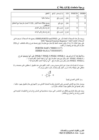 ‫ﺑﺮﻣﺠﺔ ﻣﺘﺤﻜﻤﺎت ‪ AVR‬ﺑﻠﻐﺔ ‪C‬‬

                                                    ‫اﻟﺘﻌﻠﯿﻖ‬    ‫ﺗﺮاﻧﺰﯾﺴﺘﻮر اﻟﺮﻓﻊ‬      ‫‪I/O‬‬      ‫‪PORTB‬‬         ‫‪DDRB‬‬
                                                                                                  ‫‪n‬‬            ‫‪n‬‬
                                               ‫ﻣﻤﺎﻧﻌﺔ ﻋﺎﻟﯿﺔ‬            ‫ﺑﺪون رﻓﻊ‬      ‫دﺧﻞ‬          ‫0‬            ‫0‬

‫ﯾﺼﺒﺢ ‪ PBn‬ﻣﻨﺒﻌً ﻟﻠﺘﯿ ﺎر ‪ IIL‬إذا اﺗ ﺼﻞ ﺧﺎرﺟﯿ ً ﻣ ﻊ اﻟﻤﻨﻄ ﻖ‬
            ‫ﺎ‬                             ‫ﺎ‬                              ‫ﻣﻊ رﻓﻊ‬      ‫دﺧﻞ‬              ‫1‬               ‫0‬
                                                  ‫اﻟﻤﻨﺨﻔﺾ‬
                                  ‫ﺧﺮج ﻣﺮﻓﻮع إﻟﻰ اﻟﺼﻔﺮ‬                  ‫ﺑﺪون رﻓﻊ‬      ‫ﺧﺮج‬              ‫0‬               ‫1‬

                                   ‫ﺧﺮج ﻣﺮﻓﻮع إﻟﻰ اﻟﻮاﺣﺪ‬                ‫ﺑﺪون رﻓﻊ‬      ‫ﺧﺮج‬              ‫1‬               ‫1‬


  ‫وﯾﻮﺟﺪ ﻣﺜﻞ ھﺬه اﻟﻤﺴﺠﻼت ﻟﻠﻤﻨﻔﺬ ‪ D‬و ھﻲ: ‪ DDRD,PORTD and PIND‬وﺟﻤﯿﻊ ھﺬه اﻟﻤﺴﺠﻼت ﻣﻮﺟ ﻮدة ﻓ ﻲ‬
                                         ‫اﻟﻤﺴﺠﻼت اﻟﺨﺎﺻﺔ اﻟـ46 " ‪SFR "Special Function Registers‬‬
  ‫ﻋﻠﻰ ﺳﺒﯿﻞ اﻟﻤﺜﺎل إذا أردﻧﺎ أن ﯾﻜﻮن ﻧﺼﻒ اﻟﻤﻨﻔ ﺬ ‪ B‬دﺧ ﻞ ﻣ ﻊ ﻣﻘﺎوﻣ ﺔ رﻓ ﻊ وﻧ ﺼﻔﮫ ﺧ ﺮج وذﻟ ﻚ ﺑﺎﻟﺘﻌﺎﻗ ﺐ أي ‪PIN‬‬
                                                                      ‫دﺧﻞ ﺛﻢ اﻟﺬي ﯾﻠﯿﮫ ﺧﺮج ﻓﯿﺠﺐ أن ﻧﻜﺘﺐ:‬
                                    ‫)"11110000"( ‪PORTB=0x0F‬‬
                                    ‫)"01010101"( ‪DDRB=0xAA‬‬

         ‫وﻧﻼﺣﻆ ھﻨﺎ أﻧﮫ ﺗﻢ ﺗﻌﺮﯾﻒ 1.‪ PINB.7 PINB.5 PINB.3 PINB‬ﻋﻠﻰ أﻧﮭﺎ ﺟﻤﯿﻌﮭﺎ ﺧﺮج.‬
                      ‫و 0.‪ PINB2. PINB‬دﺧﻞ وﻟﻜﻦ ﻣﻊ وﺟﻮد ﻣﻘﺎوﻣﺔ رﻓﻊ "أي أن ﻗﯿﻤﺔ اﻟﺪﺧﻞ اﻹﻓﺘﺮاﺿﯿﺔ 1 ".‬
                         ‫و4.‪ PINB.6 PINB‬دﺧﻞ وﻟﻜﻦ ﺑﺪون ﻣﻘﺎوﻣﺔ رﻓﻊ . "أي أن ﻗﯿﻤﺔ اﻟﺪﺧﻞ اﻹﻓﺘﺮاﺿﯿﺔ 0 ".‬

  ‫- ﯾﻌ ﺮف اﻟ ـ ‪ Led‬ﺑﺄﻧ ﮫ ﻋﺒ ﺎرة ﻋ ﻦ ﺛﻨ ﺎﺋﻲ ﺿ ﻮﺋﻲ ﯾﻤ ﺮر اﻟﺘﯿ ﺎر اﻟﻜﮭﺮﺑ ﺎﺋﻲ ﻋﻨ ﺪ ﺗﻄﺒﯿ ﻖ 1 ﻣﻨﻄﻘ ﻲ ﻋﻠ ﻰ ﻣ ﺼﻌﺪه و 0‬
                                    ‫ﻣﻨﻄﻘﻲ ﻋﻠﻰ ﻣﮭﺒﻄﮫ وأﺛﻨﺎء ﻣﺮور اﻟﺘﯿﺎر ﯾﻘﻮم ﺑﺈﺻﺪار ﺿﻮء ﻣﻌﯿﻦ وﯾﺮﻣﺰ ﻟﮫ .‬


                                               ‫1‬                ‫0‬

                                                                                      ‫رﻣﺰ اﻟﺜﻨﺎﺋﻲ اﻟﻀﻮﺋﻲ ‪Led‬‬

  ‫ﯾﻮﺻ ﻞ ﻋ ﺎدة ﻣ ﻊ اﻟﺜﻨ ﺎﺋﻲ اﻟ ﻀﻮﺋﻲ ﻋﻠ ﻰ اﻟﺘﺴﻠ ﺴﻞ ﻣﻘﺎوﻣ ﺔ ﻟﺤﻤﺎﯾ ﺔ اﻟﺜﻨ ﺎﺋﻲ ﻣ ﻦ اﻹﻧﮭﯿ ﺎرﻓﻲ ﺣ ﺎل ﺗﻄﺒﯿ ﻖ ﺟﮭ ﻮد ﻋﺎﻟﯿ ﺔ ،‬
                                                               ‫وﺗﻘﺪر ﻗﯿﻤﺘﮭﺎ ﻓﻲ ﺣﺎل ﺗﻄﺒﯿﻖ ﺟﮭﺪ 5 ﻓﻮﻟﻂ ﺑـ 022 أوم .‬

  ‫ﺳﻮف ﻧﻘﻮم ﺑﻜﻞ اﻟﻤﺸﺎرﯾﻊ ﺑﺎﻟﺘﻜﻠﻢ ﻋﻦ اﻟﻌﻨﺎﺻ ﺮ اﻟﺘ ﻲ ﺳ ﻮف ﻧ ﺴﺘﺨﺪﻣﮭﺎ ﻓ ﻲ اﻟﻤ ﺸﺮوع ﺛ ﻢ ﺷ ﺮح اﻟﺘﻌﻠﯿﻤ ﺎت اﻟﺠﺪﯾ ﺪة ﻓ ﻲ‬
                                                                            ‫اﻟﻤﺸﺮوع ﺛﻢ ﺷﺮح اﻟﻤﺸﺮوع ﺑﺎﻟﻜﺎﻣﻞ .‬




                                                                            ‫اﻟﻔﺎرس ﻟﺘﻘﻨﯿﺎت اﻟﺤﺎﺳﻮب واﻹﺗﺼﺎﻻت‬
                                                                          ‫ﺳﻮرﯾﺎ – ﺣﻤﺎه- ھـ-916922 33 369+‬
 