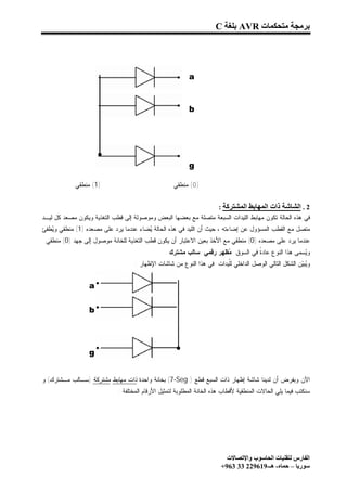 ‫ﺑﺮﻣﺠﺔ ﻣﺘﺤﻜﻤﺎت ‪ AVR‬ﺑﻠﻐﺔ ‪C‬‬




                                                          ‫‪a‬‬



                                                          ‫‪b‬‬




                                                          ‫‪g‬‬

            ‫)1( ﻤﻨﻁﻘﻲ‬                               ‫)0( ﻤﻨﻁﻘﻲ‬


                                                                ‫2 . اﻟﺸﺎﺷﺔ ذات اﻟﻤﮭﺎﺑﻂ اﻟﻤﺸﺘﺮﻛﺔ :‬
‫ﻓﻲ ﻫﺫﻩ ﺍﻟﺤﺎﻟﺔ ﺘﻜﻭﻥ ﻤﻬﺎﺒﻁ ﺍﻟﻠﻴﺩﺍﺕ ﺍﻟﺴﺒﻌﺔ ﻤﺘﺼﻠﺔ ﻤﻊ ﺒﻌﻀﻬﺎ ﺍﻟﺒﻌﺽ ﻭﻤﻭﺼﻭﻟﺔ ﺇﻟﻰ ﻗﻁﺏ ﺍﻟﺘﻐﺫﻴﺔ ﻭﻴﻜﻭﻥ ﻤﺼﻌﺩ ﻜل ﻟﻴـﺩ‬
‫ﻤﺘﺼل ﻤﻊ ﺍﻟﻘﻁﺏ ﺍﻟﻤﺴﺅﻭل ﻋﻥ ﺇﻀﺎﺀﺘﻪ ، ﺤﻴﺙ ﺃﻥ ﺍﻟﻠﻴﺩ ﻓﻲ ﻫﺫﻩ ﺍﻟﺤﺎﻟﺔ ‪‬ﻀﺎﺀ ﻋﻨﺩﻤﺎ ﻴﺭﺩ ﻋﻠﻰ ﻤﺼﻌﺩﻩ )1( ﻤﻨﻁﻘﻲ ﻭ ‪‬ﻁﻔﺊ‬
   ‫ﻴ‬                                    ‫ﻴ‬
 ‫ﻋﻨﺩﻤﺎ ﻴﺭﺩ ﻋﻠﻰ ﻤﺼﻌﺩﻩ )0( ﻤﻨﻁﻘﻲ ﻤﻊ ﺍﻷﺨﺫ ﺒﻌﻴﻥ ﺍﻻﻋﺘﺒﺎﺭ ﺃﻥ ﻴﻜﻭﻥ ﻗﻁﺏ ﺍﻟﺘﻐﺫﻴﺔ ﻟﻠﺨﺎﻨﺔ ﻤﻭﺼﻭل ﺇﻟﻰ ﺠﻬﺩ )0( ﻤﻨﻁﻘﻲ‬
                                                ‫ﻭ ‪‬ﺴﻤﻰ ﻫﺫﺍ ﺍﻟﻨﻭﻉ ﻋﺎﺩ ﹰ ﻓﻲ ﺍﻟﺴﻭﻕ ‪‬ﻅﻬﺭ ﺭﻗﻤﻲ ﺴﺎﻟﺏ ﻤﺸﺘﺭﻙ .‬
                                                                     ‫ﻤ‬          ‫ﺓ‬                  ‫ﻴ‬
                                    ‫ﻭ ‪‬ﺒ‪‬ﻥ ﺍﻟﺸﻜل ﺍﻟﺘﺎﻟﻲ ﺍﻟﻭﺼل ﺍﻟﺩﺍﺨﻠﻲ ﻟﹼﻴﺩﺍﺕ ﻓﻲ ﻫﺫﺍ ﺍﻟﻨﻭﻉ ﻤﻥ ﺸﺎﺸﺎﺕ ﺍﻹﻅﻬﺎﺭ :‬
                                                                       ‫ﻠ‬                              ‫ﻴﻴ‬


                  ‫‪a‬‬

                  ‫‪b‬‬




                  ‫‪g‬‬


‫ﺍﻵﻥ ﻭﺒﻔﺭﺽ ﺃﻥ ﻟﺩﻴﻨﺎ ﺸﺎﺸﺔ ﺇﻅﻬﺎﺭ ﺫﺍﺕ ﺍﻟﺴﺒﻊ ﻗﻁﻊ ).‪ (7-Seg‬ﺒﺨﺎﻨﺔ ﻭﺍﺤﺩﺓ ﺫﺍﺕ ﻤﻬﺎﺒﻁ ﻤﺸﺘﺭﻜﺔ )ﺴـﺎﻟﺏ ﻤـﺸﺘﺭﻙ( ﻭ‬
                             ‫ﺴﻨﻜﺘﺏ ﻓﻴﻤﺎ ﻴﻠﻲ ﺍﻟﺤﺎﻻﺕ ﺍﻟﻤﻨﻁﻘﻴﺔ ﻷﻗﻁﺎﺏ ﻫﺫﻩ ﺍﻟﺨﺎﻨﺔ ﺍﻟﻤﻁﻠﻭﺒﺔ ﻟﺘﻤﺜﻴل ﺍﻷﺭﻗﺎﻡ ﺍﻟﻤﺨﺘﻠﻔﺔ :‬




                                                                          ‫اﻟﻔﺎرس ﻟﺘﻘﻨﯿﺎت اﻟﺤﺎﺳﻮب واﻹﺗﺼﺎﻻت‬
                                                                        ‫ﺳﻮرﯾﺎ – ﺣﻤﺎه- ھـ-916922 33 369+‬
 