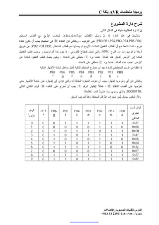 ‫ﺑﺮﻣﺠﺔ ﻣﺘﺤﻜﻤﺎت ‪ AVR‬ﺑﻠﻐﺔ ‪C‬‬

                                                                                  ‫ﺸﺭﺡ ﺩﺍﺭﺓ ﺍﻟﻤﺸﺭﻭﻉ :‬
                                                                        ‫ﺇ ‪ ‬ﺍﻟﺩﺍﺭﺓ ﺍﻟﻤﻁﻠﻭﺒﺔ ‪‬ﺒ‪‬ﻨﺔ ﻓﻲ ﺍﻟﺸﻜل ﺍﻟﺘﺎﻟﻲ :‬
                                                                                            ‫ﻤﻴ‬                  ‫ﻥ‬
‫ﻭﻨﻼﺤﻅ ﻓﻲ ﻫﺫﻩ ﺍﻟﺩﺍﺭﺓ ﺃﻨﻪ ﺘ ‪ ‬ﻭﺼل ﺍﻷﻗﻁﺎﺏ )‪ (a,b,c,d,e,f,g‬ﻟﻠﺨﺎﻨﺎﺕ ﺍﻷﺭﺒﻊ ﻤﻊ ﺃﻗﻁﺎﺏ ﺍﻟﻤﺘﺤﻜﻡ‬
                                                          ‫ﻡ‬
‫)6‪ (PB0,PB1,PB2,PB3,PB4,PB5.PB‬ﻋﻠﻰ ﺍﻟﺘﺭﺘﻴﺏ ، ﻭﺒﺎﻟﺘﺎﻟﻲ ﻓﺈﻥ ﺍﻟﻨﺎﻓﺫﺓ )‪ (B‬ﻓﻲ ﺍﻟﻤﺘﺤﻜﻡ ﻴﺠﺏ ﺃﻥ ﺘﻜﻭﻥ ﻨﺎﻓﺫﺓ‬
‫ﺨﺭﺝ ، ﻜﻤﺎ ﻨﻼﺤﻅ ﻤﻊ ﺃﻥ ﺃﻗﻁﺎﺏ ﺍﻟﺘﻔﻌﻴل ﻟﻠﺨﺎﻨﺎﺕ ﺍﻷﺭﺒﻊ ﺘﻡ ﻭﺼﻠﻬﺎ ﻤﻊ ﺃﻗﻁﺎﺏ ﺍﻟﻤﺘﺤﻜﻡ )0‪ (PD2,PD1,PD‬ﻋﻥ ﻁﺭﻴﻕ‬
‫ﺃﺭﺒﻌﺔ ﺘﺭﺍﻨﺯﺴﺘﻭﺭﺍﺕ ﻤﻥ ﺍﻟﻨﻭﻉ )‪ (NPN‬ﻭﺍﻟﺘﻲ ﺘﻌﻤل ﻜﻤﻔﺘﺎﺡ ﺍﻟﻜﺘﺭﻭﻨﻲ ، ﺇﺫ ﻴﻘﻭﻡ ﻫﺫﺍ ﺍﻟﺘﺭﺍﻨﺯﻴﺴﺘﻭﺭ ﺒﻭﺼل ﻗﻁﺏ ﺍﻟﺘﻔﻌﻴل‬
‫ﻟﻠﺨﺎﻨﺔ ﺇﻟﻰ ﺍﻷﺭﺽ )ﺘﻔﻌﻴل ﻫﺫﻩ ﺍﻟﺨﺎﻨﺔ( ﻋﻨﺩﻤﺎ ﻴﺭﺩ )1( ﻤﻨﻁﻘﻲ ﻋﻠﻰ ﻗﺎﻋﺩﺘﻪ ، ﻭﻴﻘﻭﻡ ﺒﻔﺼل ﻗﻁﺏ ﺍﻟﺘﻔﻌﻴل ﻟﻠﺨﺎﻨﺔ ﻋﻥ‬
                                                  ‫ﺍﻷﺭﺽ )ﺤﺠﺏ ﻫﺫﻩ ﺍﻟﺨﺎﻨﺔ( ﻋﻨﺩﻤﺎ ﻴﺭﺩ )0( ﻤﻨﻁﻘﻲ ﻋﻠﻰ ﻗﺎﻋﺩﺘﻪ .‬
              ‫ﻤﺨﺎﺭﺝ ﺍﻟﻤﺘﺤﻜﻡ ﺍﻟﺘﺎﻟﻴﺔ ﹸﻘﺎﺒل ﻤﺩﺍﺨل ﺸﺎﺸﺔ ﺍﻹﻅﻬﺎﺭ ﺍﻟﺘﺎﻟﻴﺔ :‬
                                              ‫ﺘ‬                         ‫ﺇﺫﺍ ﺩﻗﻘﻨﺎ ﻓﻲ ﺍﻟﺭﺴﻡ ﺍﻟﺘﺨﻁﻴﻁﻲ ﻟﻠﺩﺍﺭﺓ ﻨﺠﺩ ﺃﻥ‬
                           ‫3‪PB7 PB6 PB5 PB4 PB‬‬                          ‫0‪PB2 PB1 PB‬‬
                            ‫*‬       ‫‪g‬‬       ‫‪f‬‬          ‫‪e‬‬        ‫‪d‬‬        ‫‪c‬‬        ‫‪b‬‬     ‫‪a‬‬
‫ﻨﻌﺭﻑ ﺍﻟﺸﻴﻔﺭﺓ ﺍﻟﻤﻘﺎﺒﻠﺔ ﻟﻪ ﻭﺍﻟﺘﻲ ﺘﺅﺩﻱ ﺇﻟﻰ ﺇﻅﻬﺎﺭﻩ ﻋﻠﻰ ﺸﺎﺸﺔ ﺍﻹﻅﻬﺎﺭ ﺤﺘﻰ‬      ‫ﻭﺒﺎﻟﺘﺎﻟﻲ ﻓﺈﻥ ﺃﻱ ﺭﻗﻡ ﻨﺭﻴﺩ ﺇﻅﻬﺎﺭﻩ ﻴﺠﺏ ﺃﻥ‬
‫ﹸﺨ ‪‬ﺠﻬﺎ ﻋﻠﻰ ﺃﻗﻁﺎﺏ ﺍﻟﻨﺎﻓﺫﺓ )‪ ، (B‬ﻓﻤﺜ ﹰ ﻹﻅﻬﺎﺭ ﺍﻟﺭﻗﻡ )1( ﻴﺠﺏ ﺃﻥ ﹸﺨ ‪‬ﺝ ﻋﻠﻰ ﺍﻟﻨﺎﻓﺫﺓ )‪ (B‬ﺍﻟﺭﻗﻡ ﺍﻟﺜﻨﺎﺌﻲ ﺍﻟﺘﺎﻟﻲ‬
                                      ‫ﻨ ﺭ‬                         ‫ﻼ‬                                ‫ﻨ ﺭ‬
                                                       ‫)01100000( ﻭﺍﻟﺫﻱ ﻴﺴﺎﻭﻱ ﺴﺕ ﻋﺸﺭ‪‬ﹰ ﺍﻟﻌﺩﺩ )60‪. (0x‬‬
                                                                      ‫ﻴﺎ‬
                                            ‫ﻭﺍﻵﻥ ﻟﻨﻜﺘﺏ ﺠﺩﻭل ‪‬ﺒﻴﻥ ﺸﻴﻔﺭﺍﺕ ﺍﻷﺭﻗﺎﻡ ﺍﻟﻤﺨﺘﻠﻔﺔ ﻭﻓﻘﹰ ﻟﻠﺘﺭﺘﻴﺏ ﺍﻟﺴﺎﺒﻕ :‬
                                                             ‫ﺎ‬                              ‫ﻴ‬


                                                                                                       ‫ﺍﻟﺭﻗﻡ ﺍﻟﺴﺕ‬
        ‫ﺍﻟﺭﻗﻡ‬     ‫7‪PB‬‬       ‫6‪PB‬‬       ‫5‪PB‬‬        ‫4‪PB‬‬       ‫3‪PB‬‬          ‫2‪PB‬‬       ‫1‪PB‬‬       ‫0‪PB‬‬
                                                                                                         ‫ﻋﺸﺭﻱ‬
        ‫ﺎ‬
        ‫ﻋﺸﺭﻴ ﹰ‬     ‫*‬         ‫‪g‬‬         ‫‪f‬‬          ‫‪e‬‬         ‫‪d‬‬            ‫‪c‬‬         ‫‪b‬‬         ‫‪a‬‬
                                                                                                        ‫ﺍﻟﻤﻜﺎﻓﺊ‬
          ‫0‬         ‫0‬         ‫0‬         ‫1‬         ‫1‬          ‫1‬           ‫1‬          ‫1‬         ‫1‬         ‫‪0x3f‬‬
          ‫1‬         ‫0‬         ‫0‬         ‫0‬         ‫0‬          ‫0‬           ‫1‬          ‫1‬         ‫0‬         ‫60‪0x‬‬
          ‫2‬         ‫0‬         ‫1‬         ‫0‬         ‫1‬          ‫1‬           ‫0‬          ‫1‬         ‫1‬         ‫‪0x5B‬‬
          ‫3‬         ‫0‬         ‫1‬         ‫0‬         ‫0‬          ‫1‬           ‫1‬          ‫1‬         ‫1‬         ‫‪0x4f‬‬
          ‫4‬         ‫0‬         ‫1‬         ‫0‬         ‫1‬          ‫0‬           ‫1‬          ‫1‬         ‫0‬         ‫66‪0x‬‬
          ‫5‬         ‫0‬         ‫1‬         ‫1‬         ‫0‬          ‫1‬           ‫1‬          ‫0‬         ‫1‬         ‫‪0x6d‬‬
          ‫6‬         ‫0‬         ‫1‬         ‫1‬         ‫1‬          ‫1‬           ‫1‬          ‫0‬         ‫0‬         ‫‪0x7c‬‬
          ‫7‬         ‫0‬         ‫0‬         ‫0‬         ‫0‬          ‫0‬           ‫1‬          ‫1‬         ‫1‬         ‫70‪0x‬‬
          ‫8‬         ‫0‬         ‫1‬         ‫1‬         ‫1‬          ‫1‬           ‫1‬          ‫1‬         ‫1‬         ‫‪0x7f‬‬
          ‫9‬         ‫0‬         ‫1‬         ‫1‬         ‫0‬          ‫1‬           ‫1‬          ‫1‬         ‫1‬         ‫‪0x6f‬‬




                                                                               ‫اﻟﻔﺎرس ﻟﺘﻘﻨﯿﺎت اﻟﺤﺎﺳﻮب واﻹﺗﺼﺎﻻت‬
                                                                             ‫ﺳﻮرﯾﺎ – ﺣﻤﺎه- ھـ-916922 33 369+‬
 