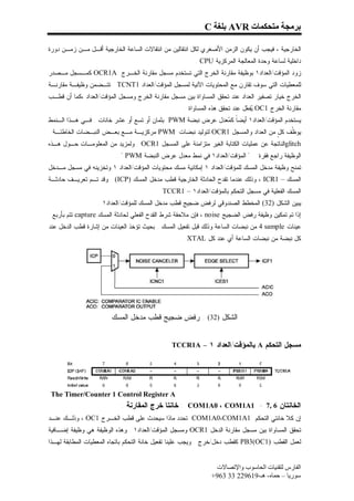 ‫ﺑﺮﻣﺠﺔ ﻣﺘﺤﻜﻤﺎت ‪ AVR‬ﺑﻠﻐﺔ ‪C‬‬

‫ﺍﻟﺨﺎﺭﺠﻴﺔ ، ﻓﻴﺠﺏ ﺃﻥ ﻴﻜﻭﻥ ﺍﻟﺯﻤﻥ ﺍﻷﺼﻐﺭﻱ ﻟﻜل ﺍﻨﺘﻘﺎﻟﻴﻥ ﻤﻥ ﺍﻨﺘﻘﺎﻻﺕ ﺍﻟﺴﺎﻋﺔ ﺍﻟﺨﺎﺭﺠﻴﺔ ﺃﻗـل ﻤـﻥ ﺯﻤـﻥ ﺩﻭﺭﺓ‬
                                                       ‫ﺩﺍﺨﻠﻴﺔ ﻟﺴﺎﻋﺔ ﻭﺤﺩﺓ ﺍﻟﻤﻌﺎﻟﺠﺔ ﺍﻟﻤﺭﻜﺯﻴﺔ ‪. CPU‬‬
‫ﺯﻭﺩ ﺍﻟﻤﺅﻗﺕ/ﺍﻟﻌﺩﺍﺩ١ ﺒﻭﻅﻴﻔﺔ ﻤﻘﺎﺭﻨﺔ ﺍﻟﺨﺭﺝ ﺍﻟﺘﻲ ﺘﺴﺘﺨﺩﻡ ﻤﺴﺠل ﻤﻘﺎﺭﻨﺔ ﺍﻟﺨـﺭﺝ ‪ OCR1A‬ﻜﻤـﺴﺠل ﻤـﺼﺩﺭ‬
‫ﻟﻠﻤﻌﻁﻴﺎﺕ ﺍﻟﺘﻲ ﺴﻭﻑ ﺘﻘﺎﺭﻥ ﻤﻊ ﺍﻟﻤﺤﺘﻭﻴﺎﺕ ﺍﻵﻨﻴﺔ ﻟﻤﺴﺠل ﺍﻟﻤﺅﻗﺕ/ﺍﻟﻌﺩﺍﺩ 1‪ . TCNT‬ﺘﺘـﻀﻤﻥ ﻭﻅﻴﻔـﺔ ﻤﻘﺎﺭﻨـﺔ‬
‫ﺍﻟﺨﺭﺝ ﺨﻴﺎﺭ ﺘﺼﻔﻴﺭ ﺍﻟﻌﺩﺍﺩ ﻋﻨﺩ ﺘﺤﻘﻕ ﺍﻟﻤﺴﺎﻭﺍﺓ ﺒﻴﻥ ﻤﺴﺠل ﻤﻘﺎﺭﻨﺔ ﺍﻟﺨﺭﺝ ﻭﻤﺴﺠل ﺍﻟﻤﺅﻗﺕ/ﺍﻟﻌﺩﺍﺩ ،ﻜﻤﺎ ﺃﻥ ﻗﻁـﺏ‬
                                                   ‫ﻤﻘﺎﺭﻨﺔ ﺍﻟﺨﺭﺝ 1‪ OC‬ﻔ ‪‬ل ﻋﻨﺩ ﺘﺤﻘﻕ ﻫﺫﻩ ﺍﻟﻤﺴﺎﻭﺍﺓ .‬
                                                                            ‫ﻴﻌ‬
‫ﻴﺴﺘﺨﺩﻡ ﺍﻟﻤﺅﻗﺕ/ﺍﻟﻌﺩﺍﺩ١ ﺃﻴﻀﹰ ﻜ ‪‬ﻌﺩل ﻋﺭﺽ ﻨﺒﻀﺔ ‪ PWM‬ﺒﺜﻤﺎﻥ ﺃﻭ ﺘﺴﻊ ﺃﻭ ﻋﺸﺭ ﺨﺎﻨﺎﺕ . ﻓـﻲ ﻫـﺫﺍ ﺍﻟـﻨﻤﻁ‬
                                                            ‫ﺎ ﻤ‬
 ‫ﻴﻭ ﹼﻑ ﻜ ٍ ﻤﻥ ﺍﻟﻌﺩﺍﺩ ﻭﺍﻟﻤﺴﺠل 1‪ OCR‬ﻟﺘﻭﻟﻴﺩ ﻨﺒﻀﺎﺕ ‪ PWM‬ﻤﺭﻜﺯﻴـﺔ ﻤـﻊ ﺒﻌـﺽ ﺍﻟﻨﺒـﻀﺎﺕ ﺍﻟﺨﺎﻁﺌـﺔ‬
                                                                            ‫ﻅ ل‬
‫‪glitch‬ﺍﻟﻨﺎﺘﺠﺔ ﻋﻥ ﻋﻤﻠﻴﺎﺕ ﺍﻟﻜﺘﺎﺒﺔ ﺍﻟﻐﻴﺭ ﻤﺘﺯﺍﻤﻨﺔ ﻋﻠﻰ ﺍﻟﻤﺴﺠل 1‪ . OCR‬ﻭﻟﻤﺯﻴﺩ ﻤﻥ ﺍﻟﻤﻌﻠﻭﻤـﺎﺕ ﺤـﻭل ﻫـﺫﻩ‬
                         ‫" ﺍﻟﻤﺅﻗﺕ/ﺍﻟﻌﺩﺍﺩ١ ﻓﻲ ﻨﻤﻁ ﻤﻌﺩل ﻋﺭﺽ ﺍﻟﻨﺒﻀﺔ ‪. " PWM‬‬        ‫ﺍﻟﻭﻅﻴﻔﺔ ﺭﺍﺠﻊ ﻓﻘﺭﺓ‬
‫ﺘﻤﻨﺢ ﻭﻅﻴﻔﺔ ﻤﺩﺨل ﺍﻟﻤﺴﻙ ﻟﻠﻤﺅﻗﺕ/ﺍﻟﻌﺩﺍﺩ ١ ﺇﻤﻜﺎﻨﻴﺔ ﻤﺴﻙ ﻤﺤﺘﻭﻴﺎﺕ ﺍﻟﻤﺅﻗﺕ/ﺍﻟﻌﺩﺍﺩ ١ ﻭﺘﺨﺯﻴﻨﻪ ﻓﻲ ﻤﺴﺠل ﻤـﺩﺨل‬
‫ﺍﻟﻤﺴﻙ – 1‪ ، ICR‬ﻭﺫﻟﻙ ﻋﻨﺩﻤﺎ ﺘﻘﺩﺡ ﺍﻟﺤﺎﺩﺜﺔ ﺍﻟﺨﺎﺭﺠﻴﺔ ﻗﻁﺏ ﻤﺩﺨل ﺍﻟﻤﺴﻙ )‪ . (ICP‬ﻭﻗﺩ ﺘـﻡ ﺘﻌﺭﻴـﻑ ﺤﺎﺩﺜـﺔ‬
                                         ‫ﺍﻟﻤﺴﻙ ﺍﻟﻔﻌﻠﻴﺔ ﻓﻲ ﻤﺴﺠل ﺍﻟﺘﺤﻜﻡ ﺒﺎﻟﻤﺅﻗﺕ/ﺍﻟﻌﺩﺍﺩ١ – 1‪. TCCR‬‬
                  ‫ﻴﺒﻴﻥ ﺍﻟﺸﻜل )23( ﺍﻟﻤﺨﻁﻁ ﺍﻟﺼﻨﺩﻭﻗﻲ ﻟﺭﻓﺽ ﻀﺠﻴﺞ ﻗﻁﺏ ﻤﺩﺨل ﺍﻟﻤﺴﻙ ﻟﻠﻤﺅﻗﺕ/ﺍﻟﻌﺩﺍﺩ١ .‬
 ‫ﺇﺫﺍ ﺘﻡ ﺘﻤﻜﻴﻥ ﻭﻅﻴﻔﺔ ﺭﻓﺽ ﺍﻟﻀﺠﻴﺞ ‪ ، noise‬ﻓﺈﻥ ﻤﻼﺤﻘﺔ ﺸﺭﻁ ﺍﻟﻘﺩﺡ ﺍﻟﻔﻌﻠﻲ ﻟﺤﺎﺩﺜﺔ ﺍﻟﻤﺴﻙ ‪ capture‬ﺘﺘﻡ ﺒﺄﺭﺒﻊ‬
‫ﻋﻴﻨﺎﺕ ‪ 4 sample‬ﻤﻥ ﻨﺒﻀﺎﺕ ﺍﻟﺴﺎﻋﺔ ﻭﺫﻟﻙ ﻗﺒل ﺘﻔﻌﻴل ﺍﻟﻤﺴﻙ . ﺒﺤﻴﺙ ﺘﺅﺨﺫ ﺍﻟﻌﻴﻨﺎﺕ ﻤﻥ ﺇﺸﺎﺭﺓ ﻗﻁﺏ ﺍﻟﺩﺨل ﻋﻨﺩ‬
                                                  ‫ﻜل ﻨﺒﻀﺔ ﻤﻥ ﻨﺒﻀﺎﺕ ﺍﻟﺴﺎﻋﺔ ﺃﻱ ﻋﻨﺩ ﻜل ‪. XTAL‬‬




                        ‫ﺍﻟﺸﻜل )23( : ﺭﻓﺽ ﻀﺠﻴﺞ ﻗﻁﺏ ﻤﺩﺨل ﺍﻟﻤﺴﻙ‬


                                              ‫ﻤﺴﺠل ﺍﻟﺘﺤﻜﻡ ‪ A‬ﺒﺎﻟﻤﺅﻗﺕ/ﺍﻟﻌﺩﺍﺩ ١ – ‪TCCR1A‬‬




‫‪The Timer/Counter 1 Control Register A‬‬
                           ‫ﺍﻟﺨﺎﻨﺘﺎﻥ 6 ,7 - 1‪ : COM1A0 ، COM1A‬ﺨﺎﻨﺘﺎ ﺨﺭﺝ ﺍﻟﻤﻘﺎﺭﻨﺔ :‬
‫ﺇﻥ ﻜﻼ ﺨﺎﻨﺘﻲ ﺍﻟﺘﺤﻜﻡ 1‪ COM1A0،COM1A‬ﺘﺤﺩﺩ ﻤﺎﺫﺍ ﺴﻴﺤﺩﺙ ﻋﻠﻰ ﻗﻁﺏ ﺍﻟﺨـﺭﺝ 1‪ ، OC‬ﻭﺫﻟـﻙ ﻋﻨـﺩ‬
‫ﺘﺤﻘﻕ ﺍﻟﻤﺴﺎﻭﺍﺓ ﺒﻴﻥ ﻤﺴﺠل ﻤﻘﺎﺭﻨﺔ ﺍﻟﺩﺨل 1‪ OCR‬ﻭﻤﺴﺠل ﺍﻟﻤﺅﻗﺕ/ﺍﻟﻌﺩﺍﺩ١ . ﻭﻫﺫﻩ ﺍﻟﻭﻅﻴﻔﺔ ﻫﻲ ﻭﻅﻴﻔﺔ ﺇﻀـﺎﻓﻴﺔ‬
‫ﻟﻌﻤل ﺍﻟﻘﻁﺏ )1‪ PB3(OC‬ﻜﻘﻁﺏ ﺩﺨل/ﺨﺭﺝ . ﻭﻴﺠﺏ ﻋﻠﻴﻨﺎ ﺘﻔﻌﻴل ﺨﺎﻨﺔ ﺍﻟﺘﺤﻜﻡ ﺒﺎﺘﺠﺎﻩ ﺍﻟﻤﻌﻁﻴﺎﺕ ﺍﻟﻤﻁﺎﺒﻘﺔ ﻟﻬـﺫﺍ‬


                                                              ‫اﻟﻔﺎرس ﻟﺘﻘﻨﯿﺎت اﻟﺤﺎﺳﻮب واﻹﺗﺼﺎﻻت‬
                                                             ‫ﺳﻮرﯾﺎ – ﺣﻤﺎه- ھـ-916922 33 369+‬
 
